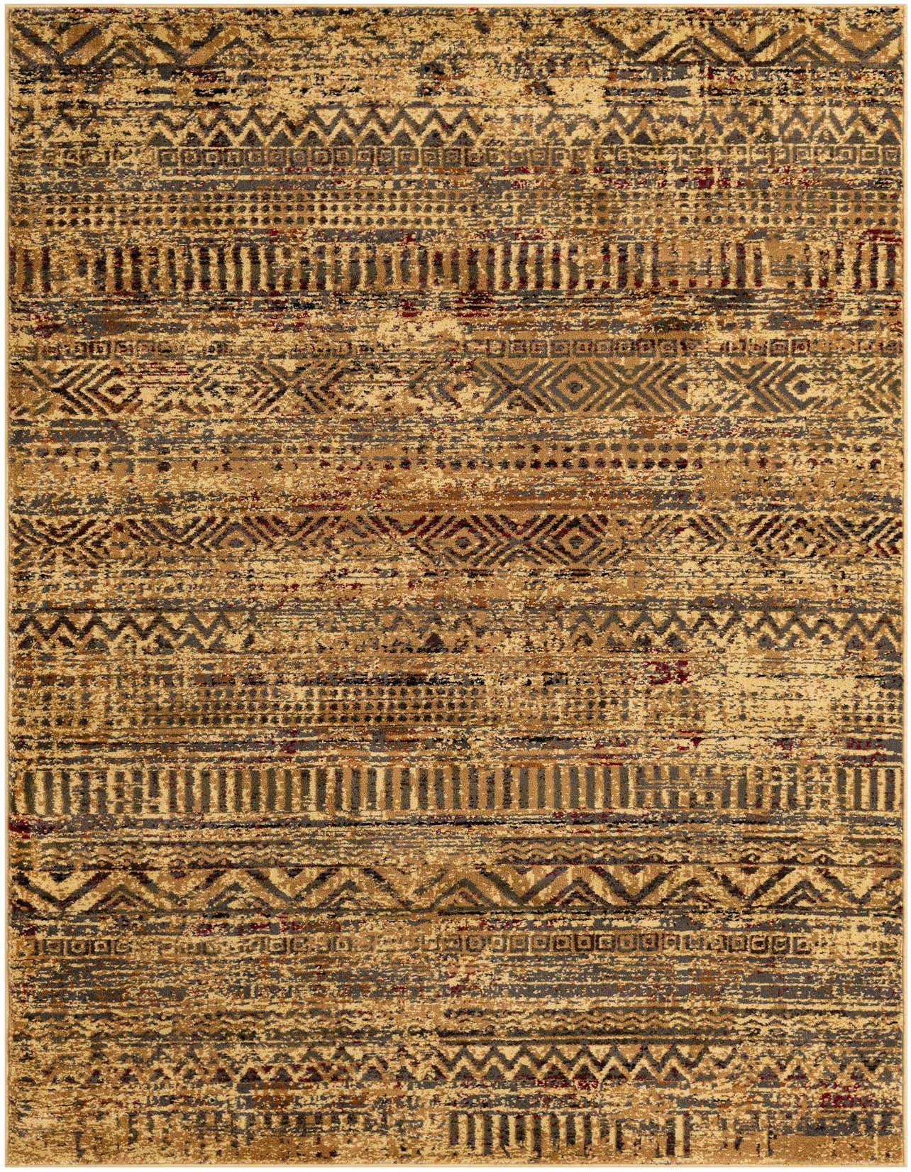 A 5x8 rectangular indoor rug with a distressed tribal stripe pattern in shades of brown, tan, and cream.