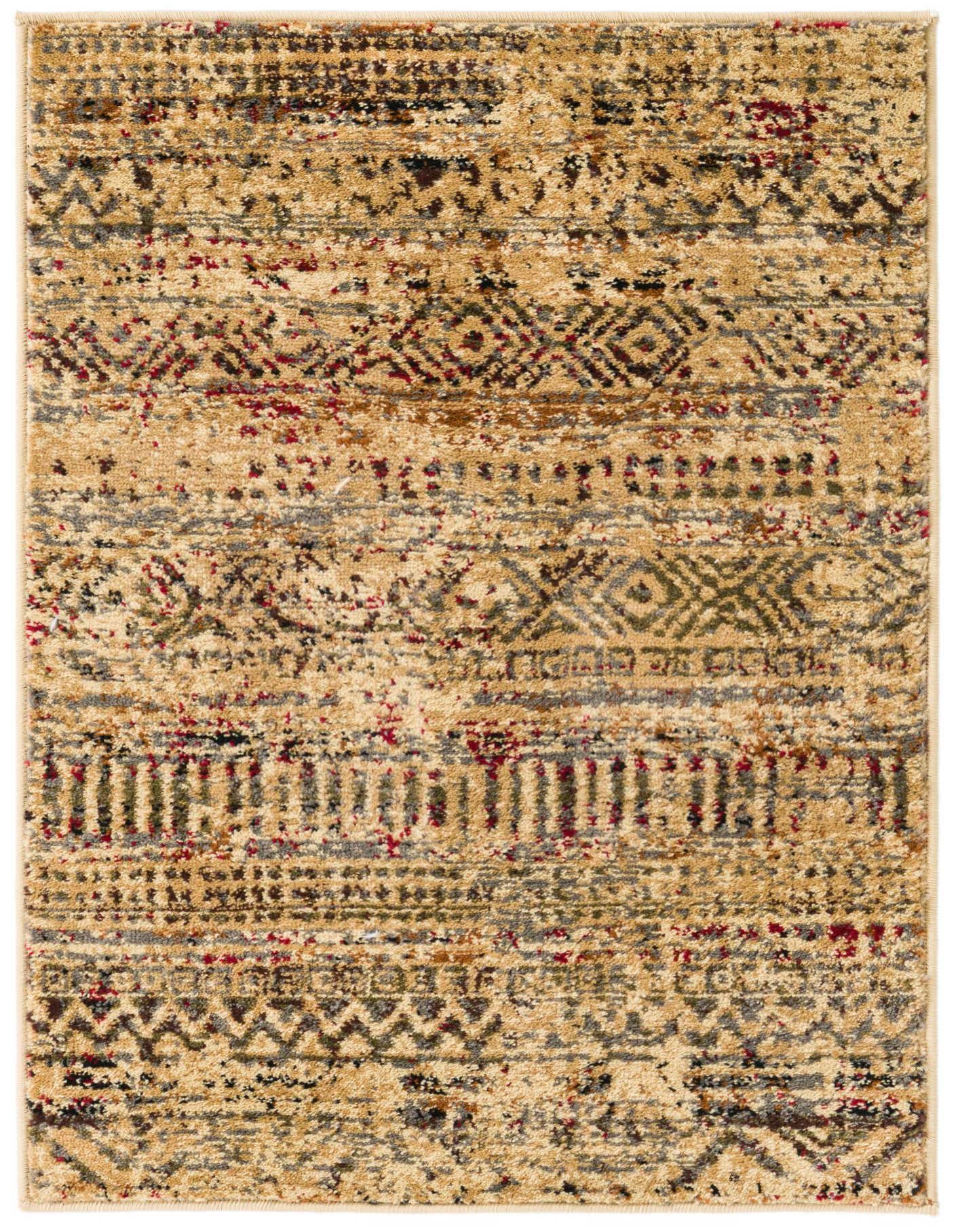 A 2x3 rectangular Rugs.com Saturn rug featuring a distressed tribal stripe pattern in browns, tans, ivories, and subtle reds.