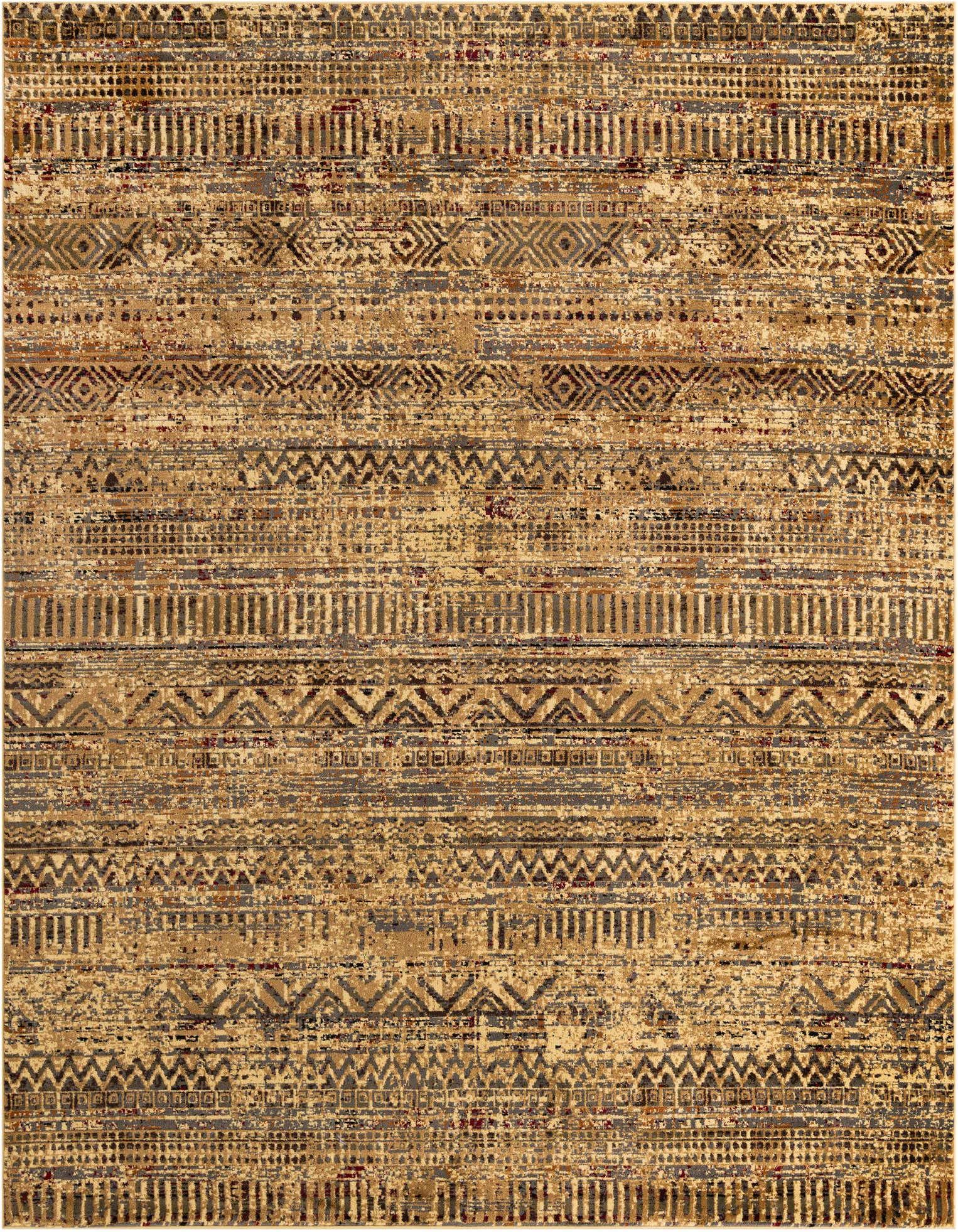 A 10x13 rectangular Saturn collection rug with a distressed tribal stripe pattern in browns, tans, and creams.