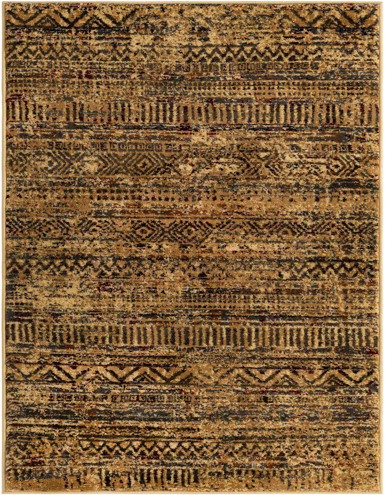 A 3x5 rectangular Saturn rug featuring a distressed tribal stripe pattern in shades of brown, tan, and cream.