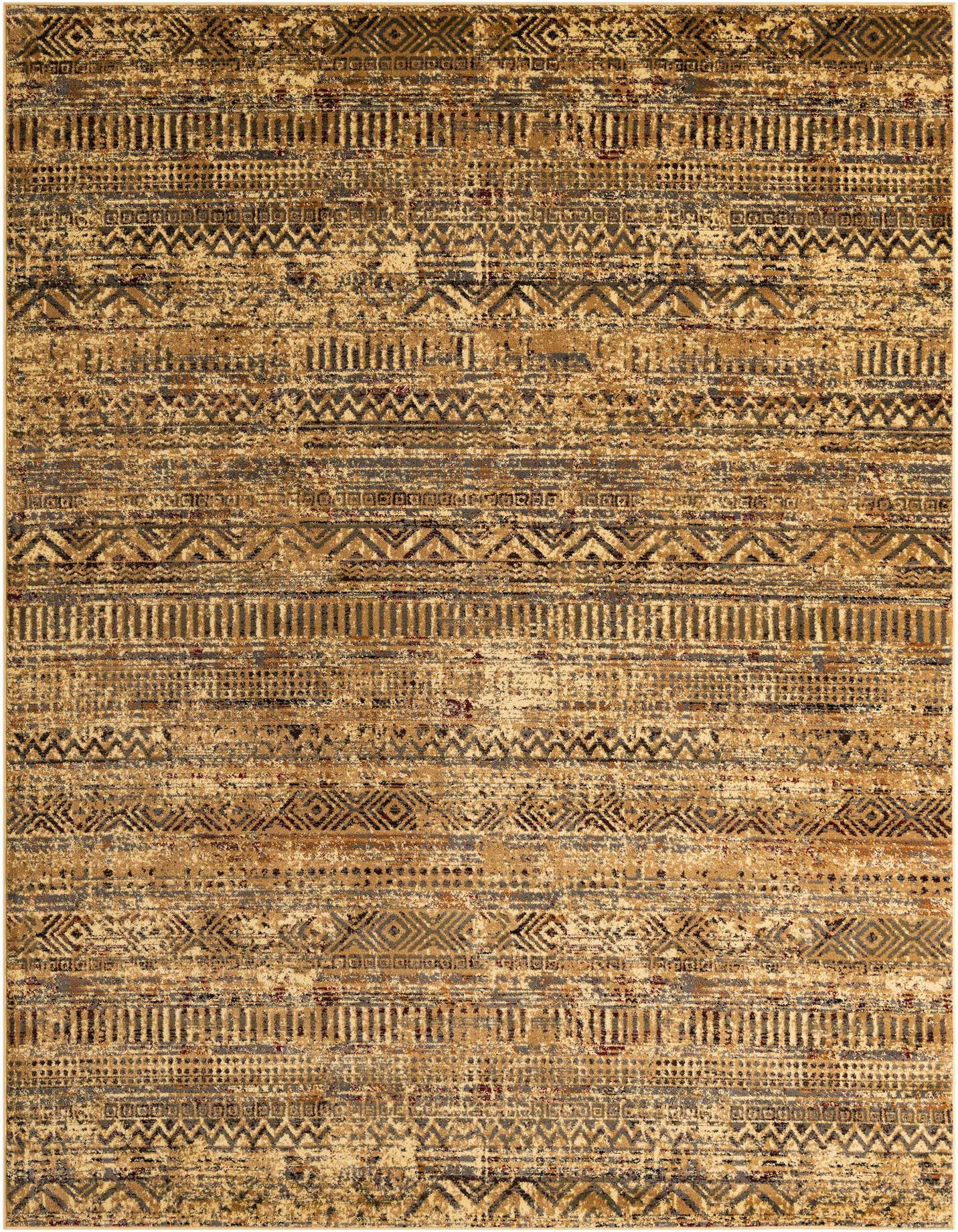A rectangular 8x11 brown and tan area rug with a distressed tribal stripe pattern, perfect for a living room.