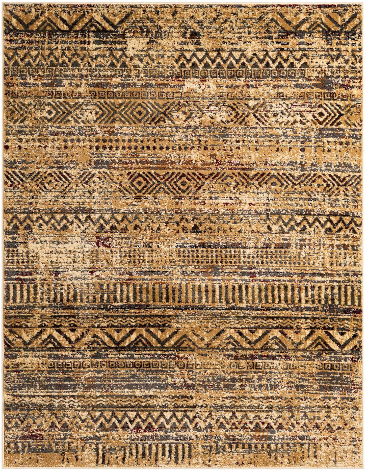 A 5x7 rectangular indoor rug featuring a distressed tribal pattern in shades of brown, tan, and cream.