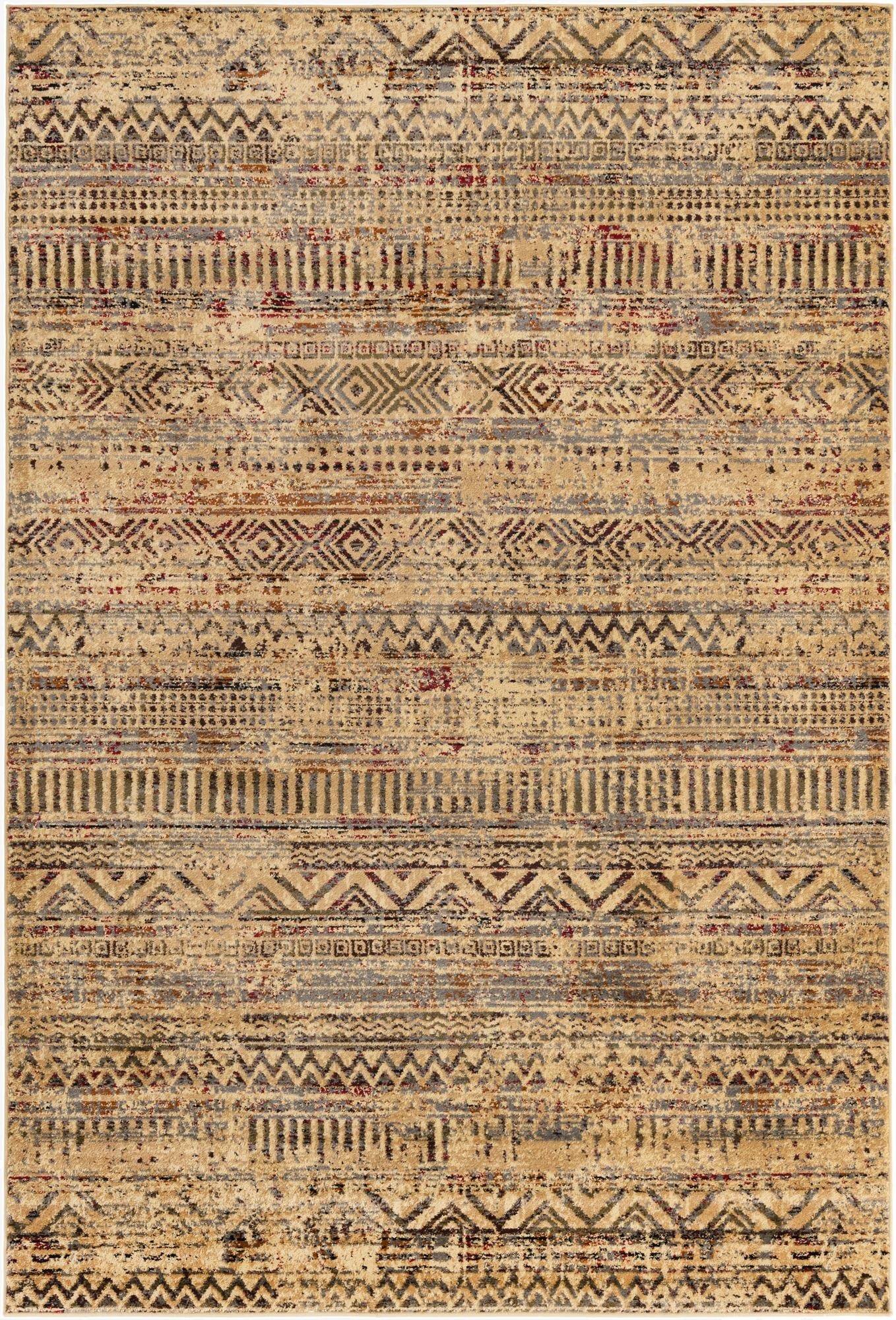 A 6x9 rectangular Saturn collection rug featuring a distressed tribal stripe pattern in browns, tans, and creams, ideal for a living room.