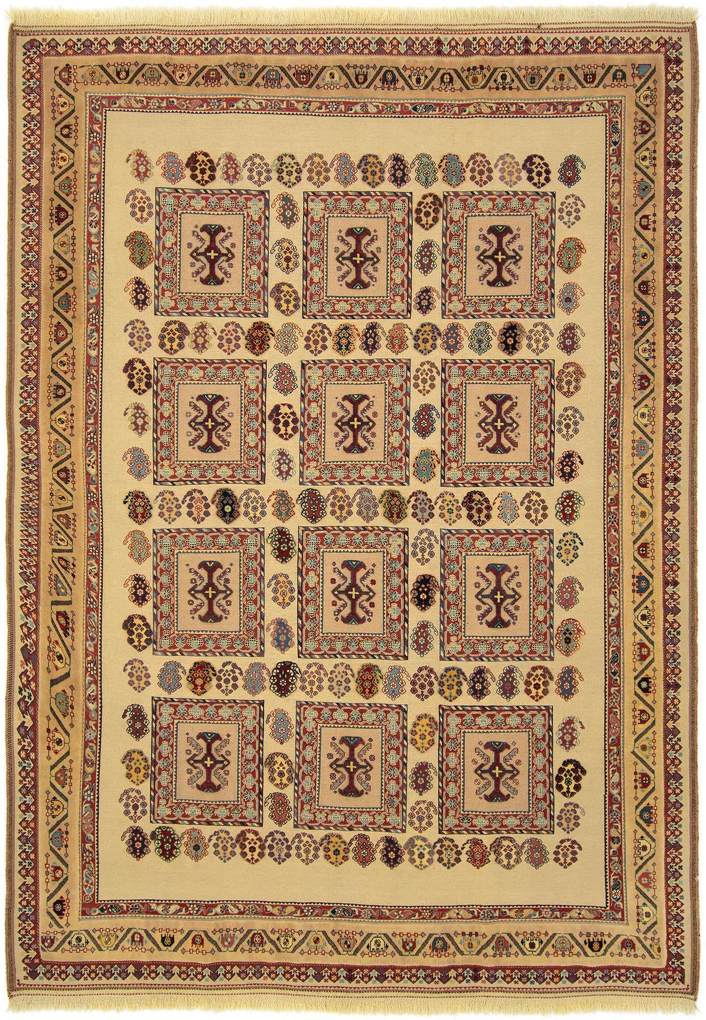 A 7x10 rectangular Sergan Persian rug featuring a cream field with intricate brown, red, and blue geometric patterns.