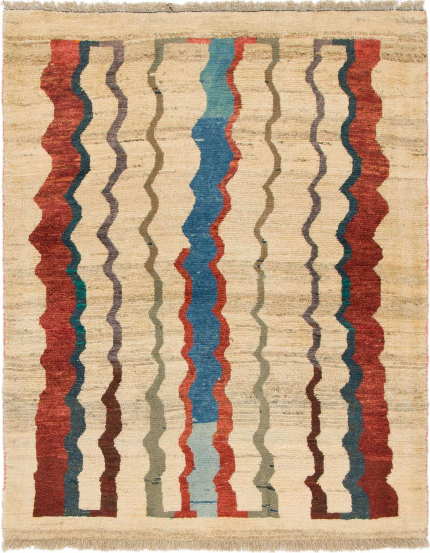 A 4x6 rectangular wool rug with a cream background and wavy vertical stripes in shades of red, blue, brown, and purple.