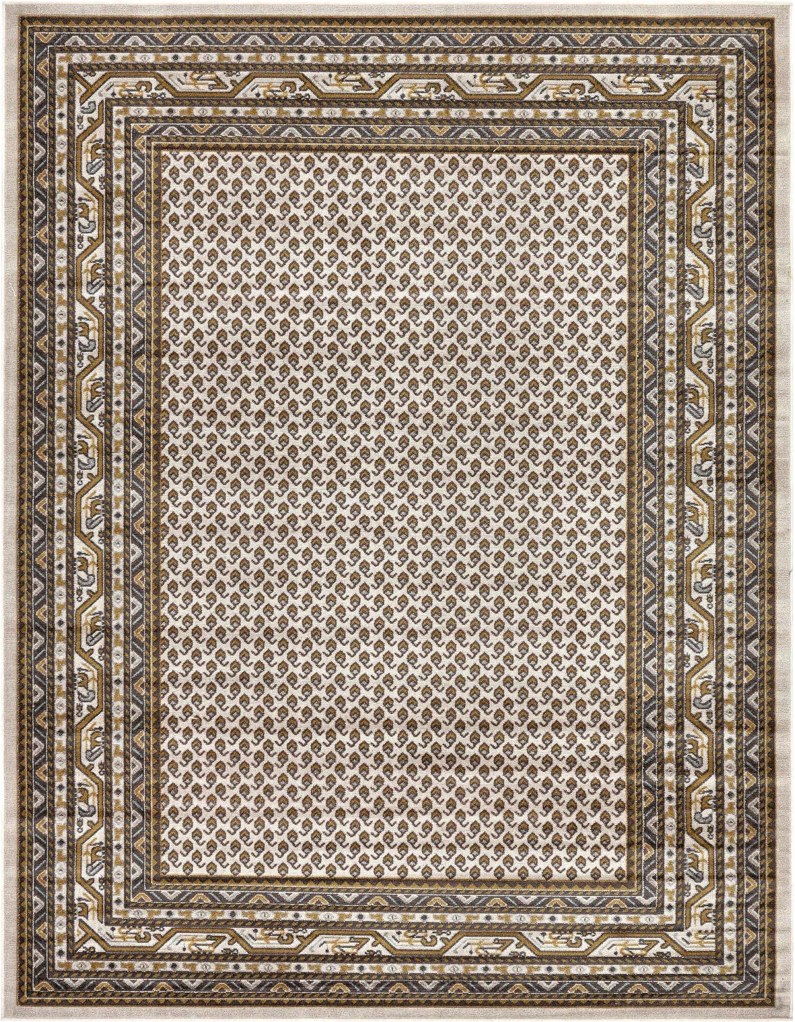 An 8x10 rectangular Southwestern rug with a cream field and repeated brown paisley-like motifs, framed by a multi-layered border in brown, tan, and ivory.