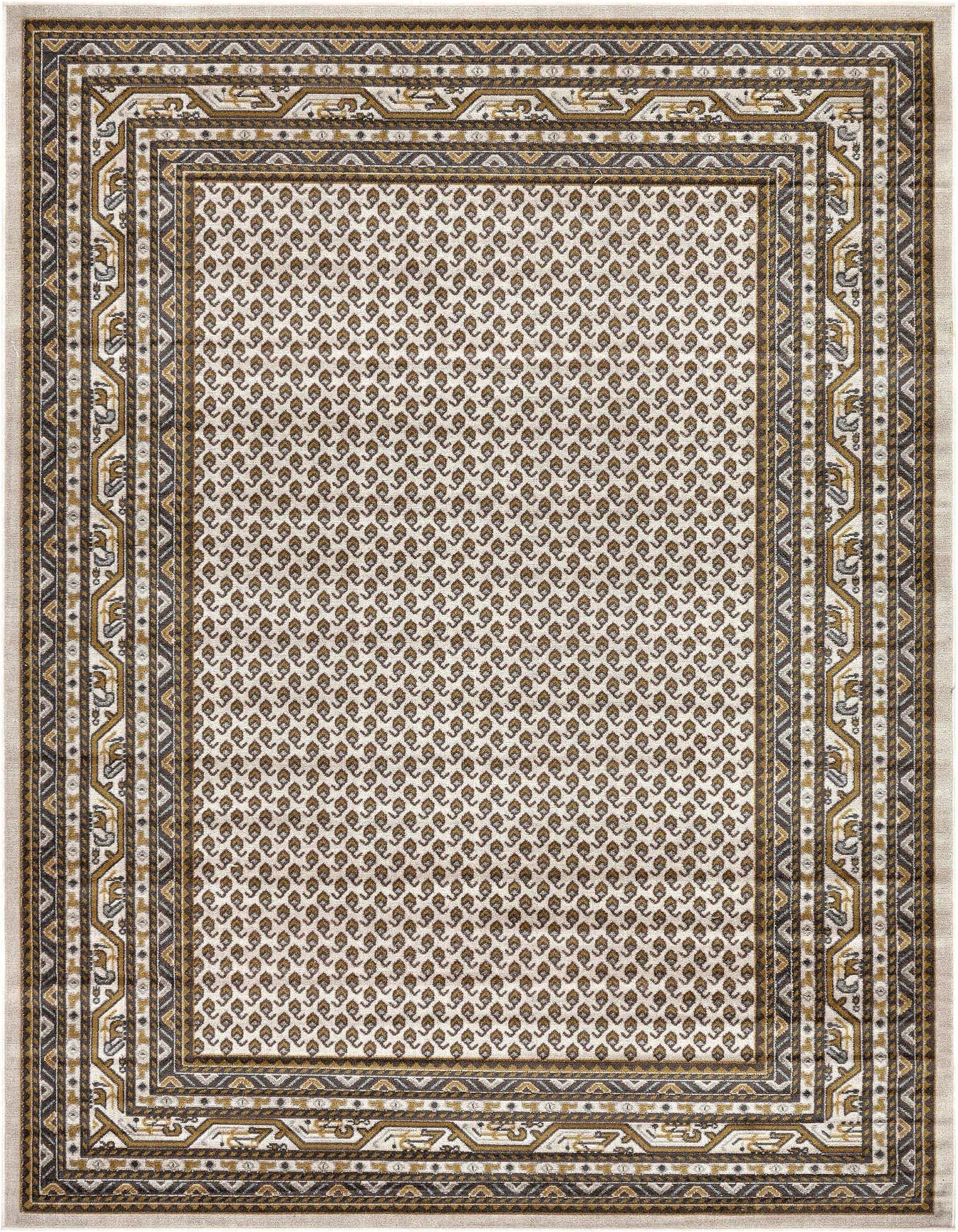 A 9x12 rectangular Southwestern rug featuring a cream field with small brown and tan tribal motifs, framed by a multi-layered border in coordinating brown, tan, and ivory tones.
