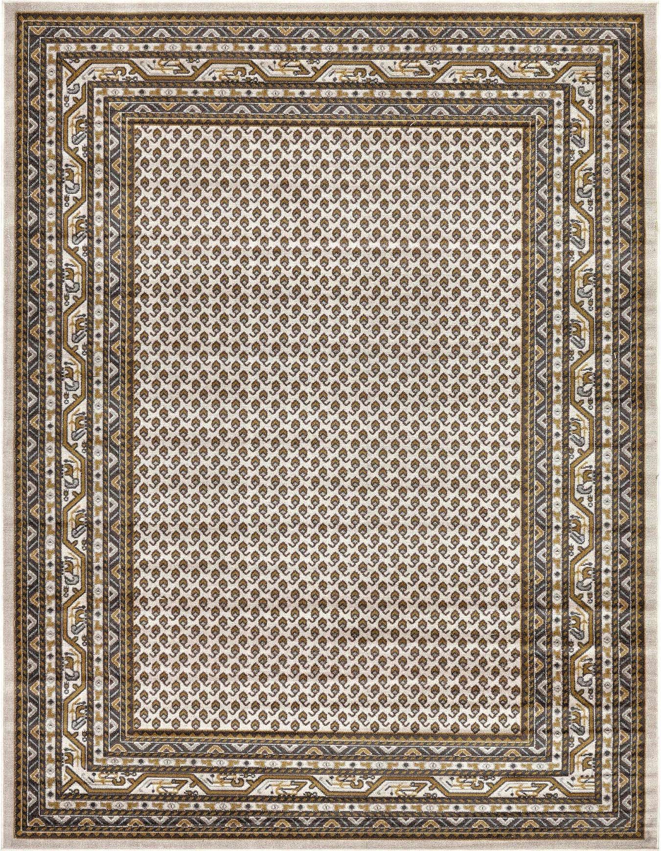 A rectangular 4x6 Southwestern rug with a cream field and repeated brown leaf-like motifs, bordered by intricate geometric and tribal patterns in brown, tan, and ivory.