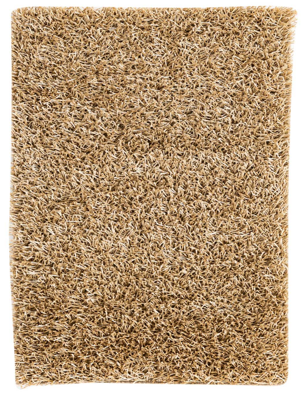 A close-up view of a 3x5 rectangular brown and tan shag rug, showcasing its textured, plush pile.