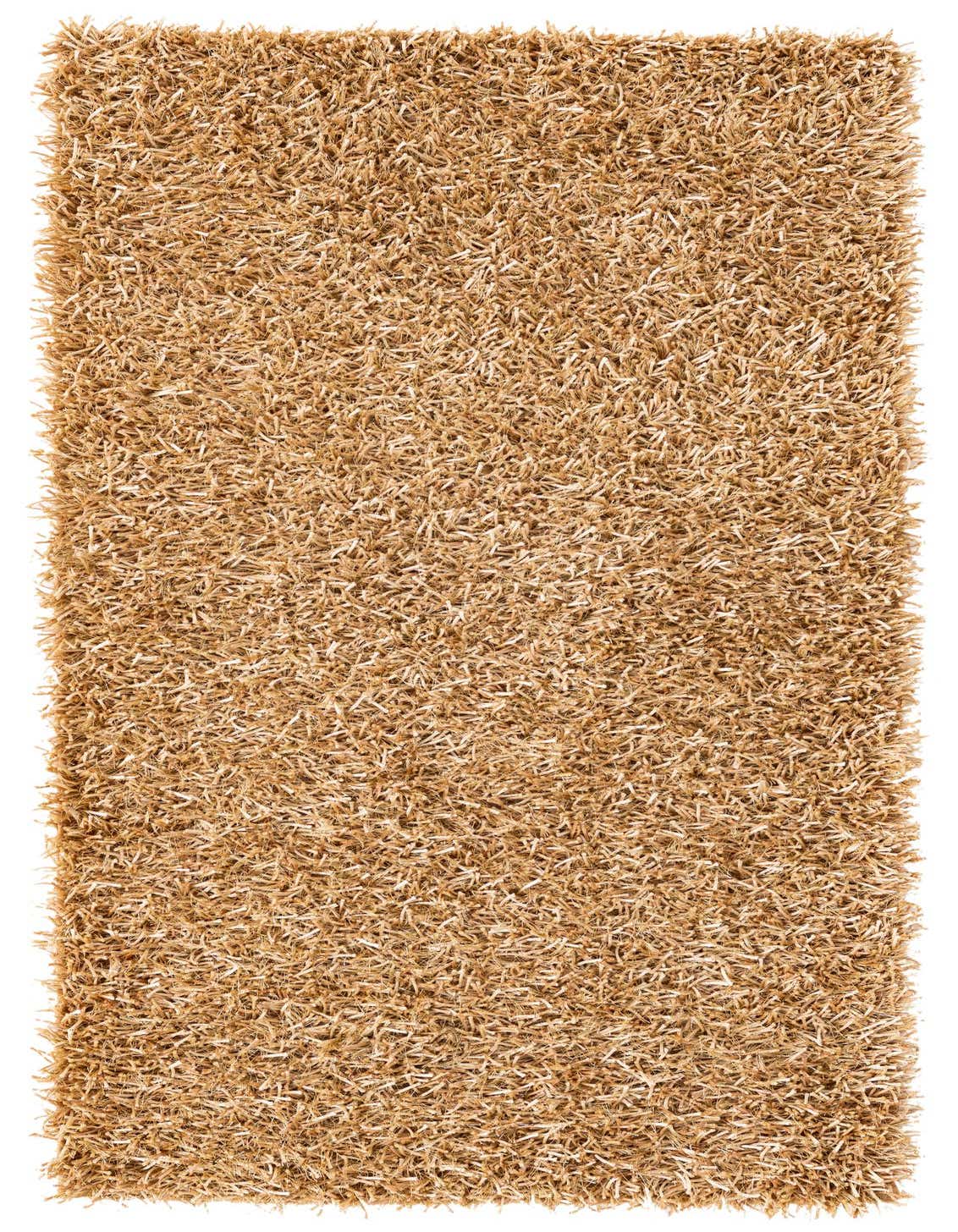 A 3x5 rectangular shag rug in varying shades of brown and tan, featuring a deep, textured pile.