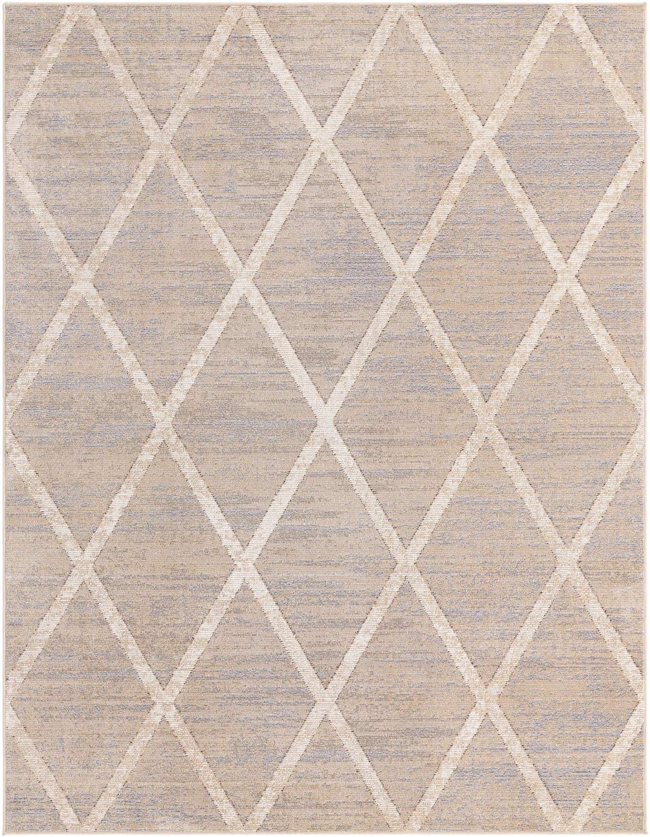 A 5x8 rectangular brown and ivory transitional area rug with a modern diamond pattern, suitable for a living room or office.