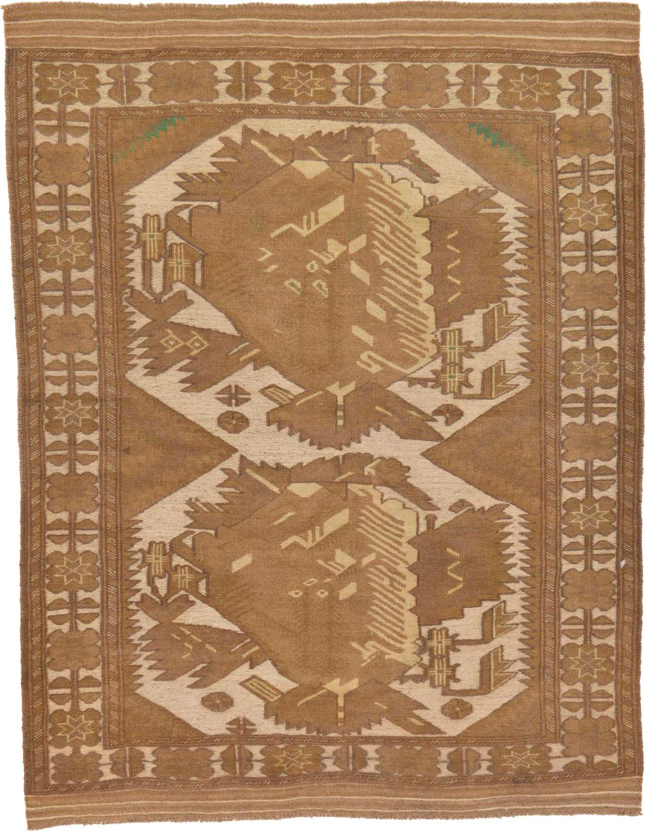 A 4x6 rectangular Sumak wool rug featuring a traditional tribal pattern in shades of brown, tan, and cream.