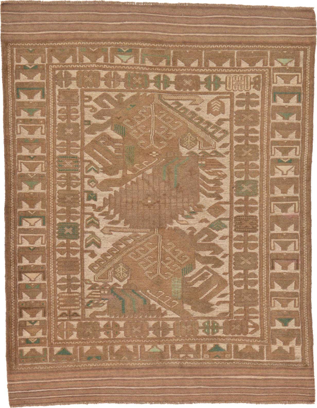 A 4x6 rectangular Sumak rug in browns, tans, and ivories, featuring a traditional tribal pattern with geometric motifs and a flat weave.