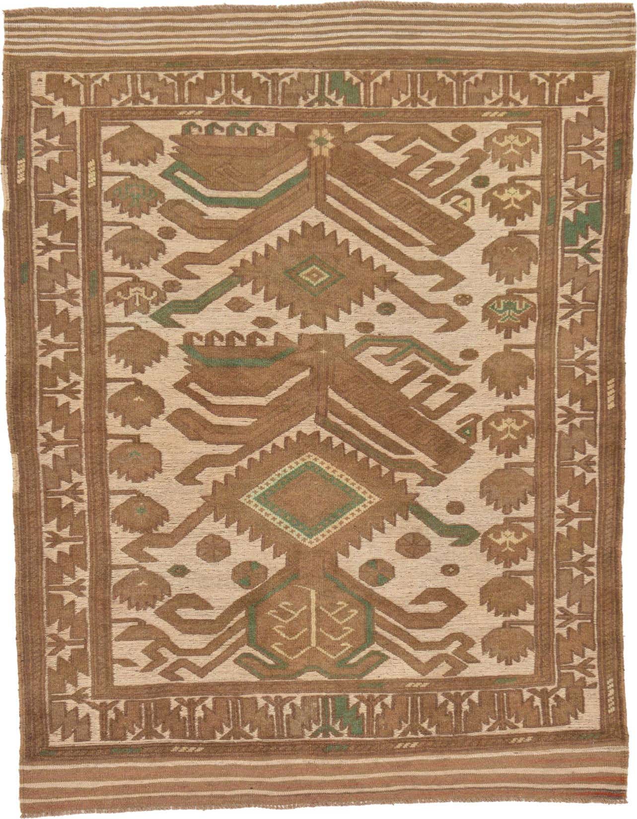A 4x6 rectangular Sumak rug with a traditional tribal pattern in browns, tans, and ivories, featuring geometric motifs and subtle green accents.