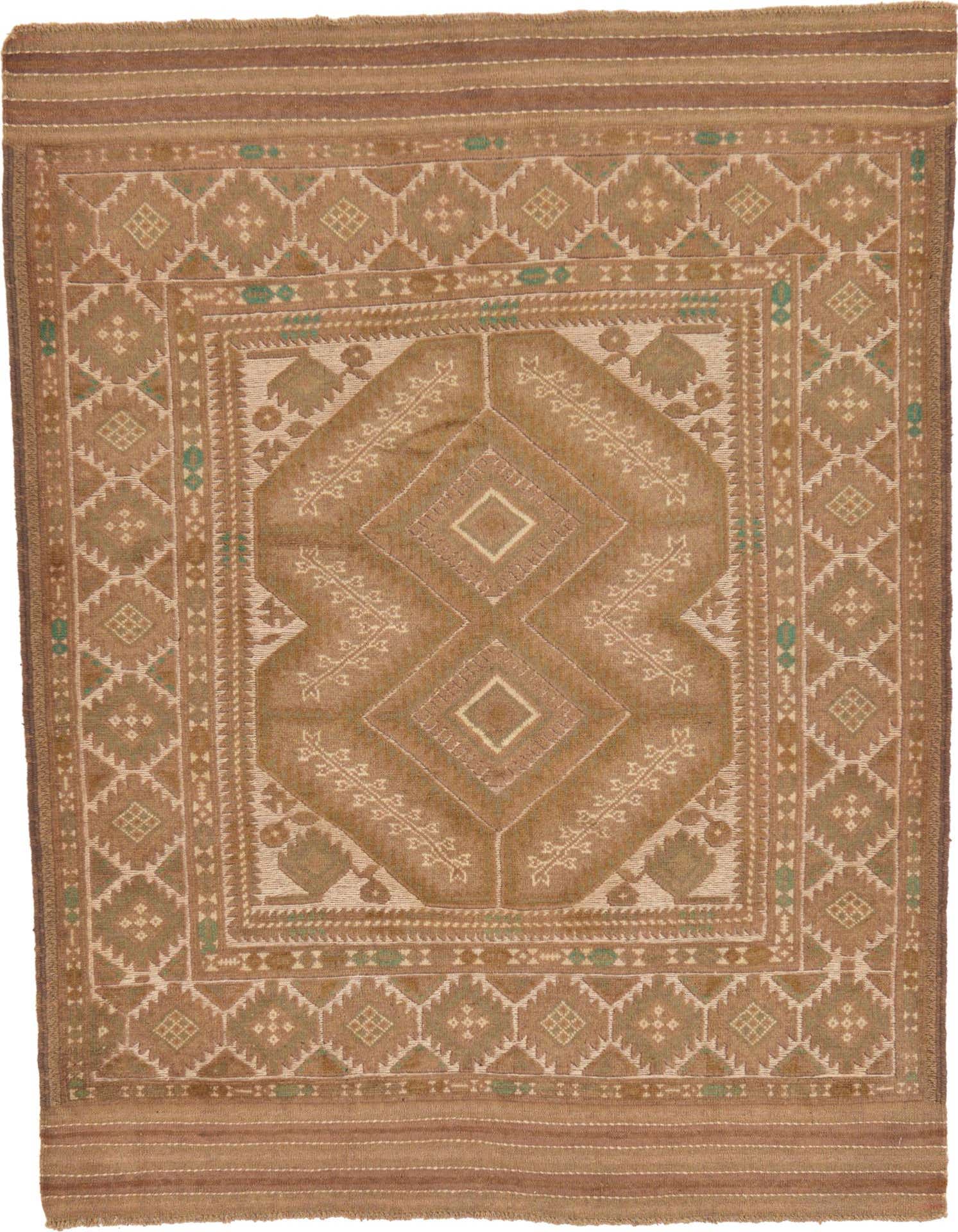 A 4x6 rectangular Sumak wool rug featuring a traditional botanical medallion pattern in shades of brown, tan, and ivory.
