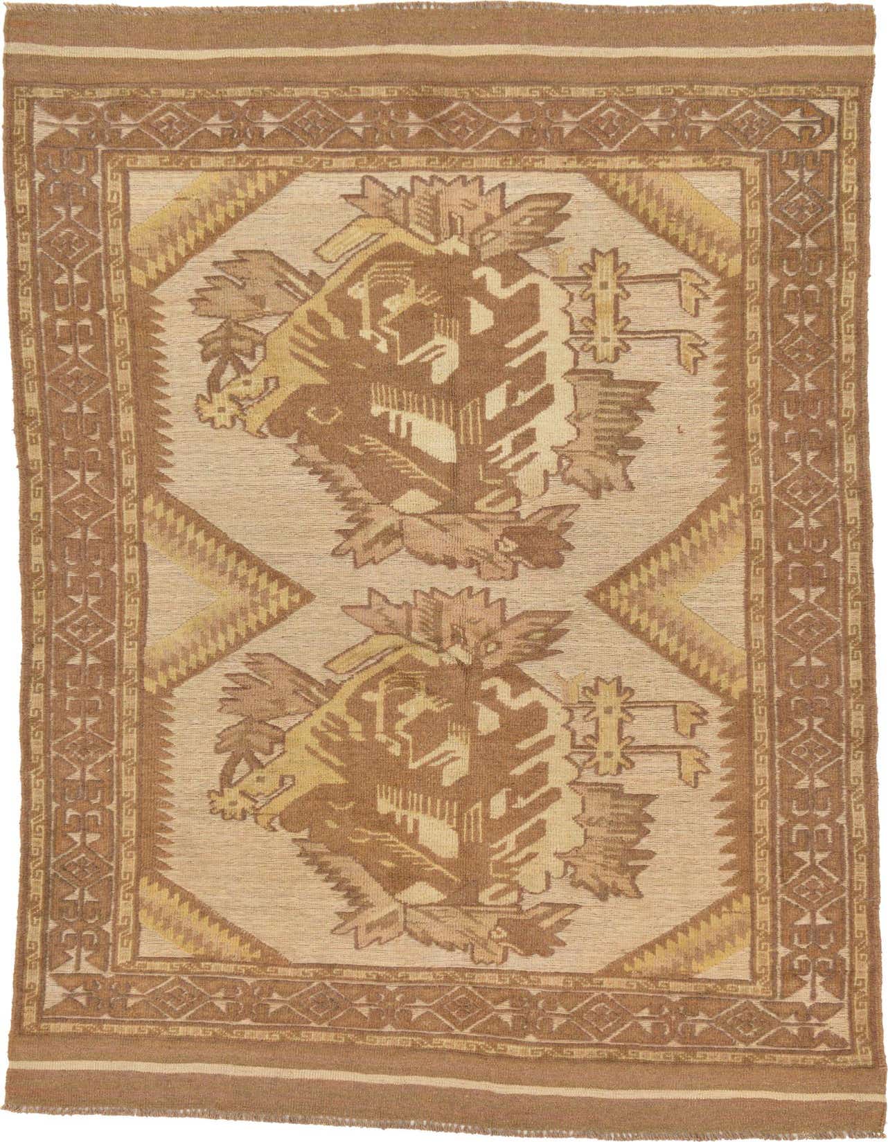 A 4x6 rectangular Sumak rug with a traditional tribal pattern in shades of brown, tan, and cream.