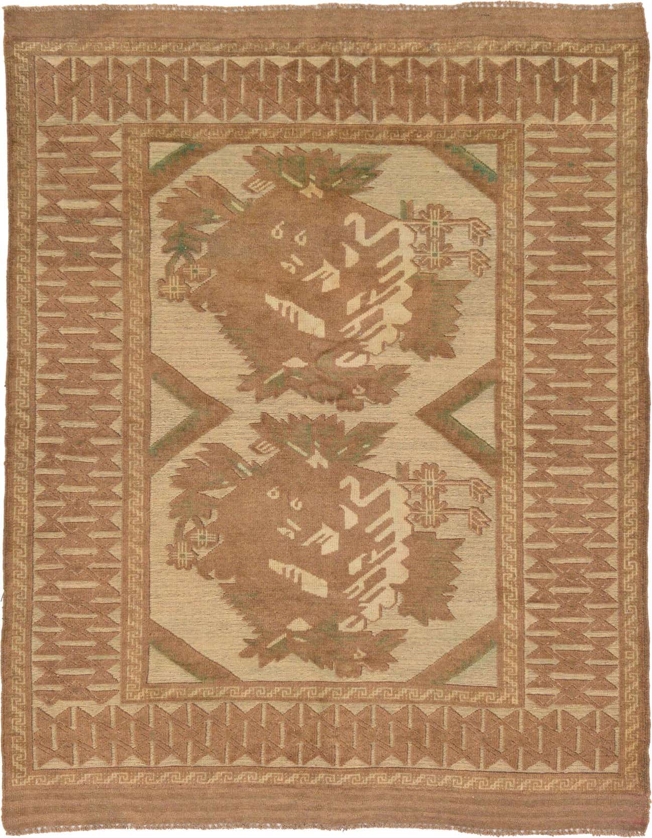 A 4x6 rectangular Sumak rug with a traditional tribal pattern in shades of brown, tan, and cream.