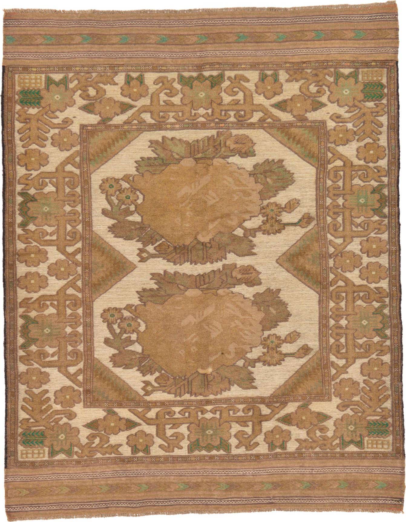 A 4x6 rectangular Sumak rug in browns, tans, and ivories, featuring a traditional tribal pattern with large floral medallions.
