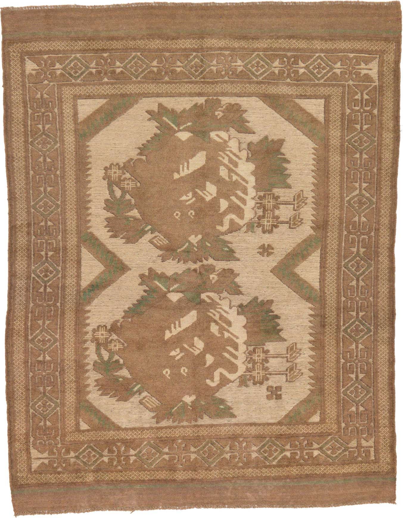 A 4x6 rectangular Sumak wool rug featuring traditional tribal medallions in brown, tan, and cream with green accents.