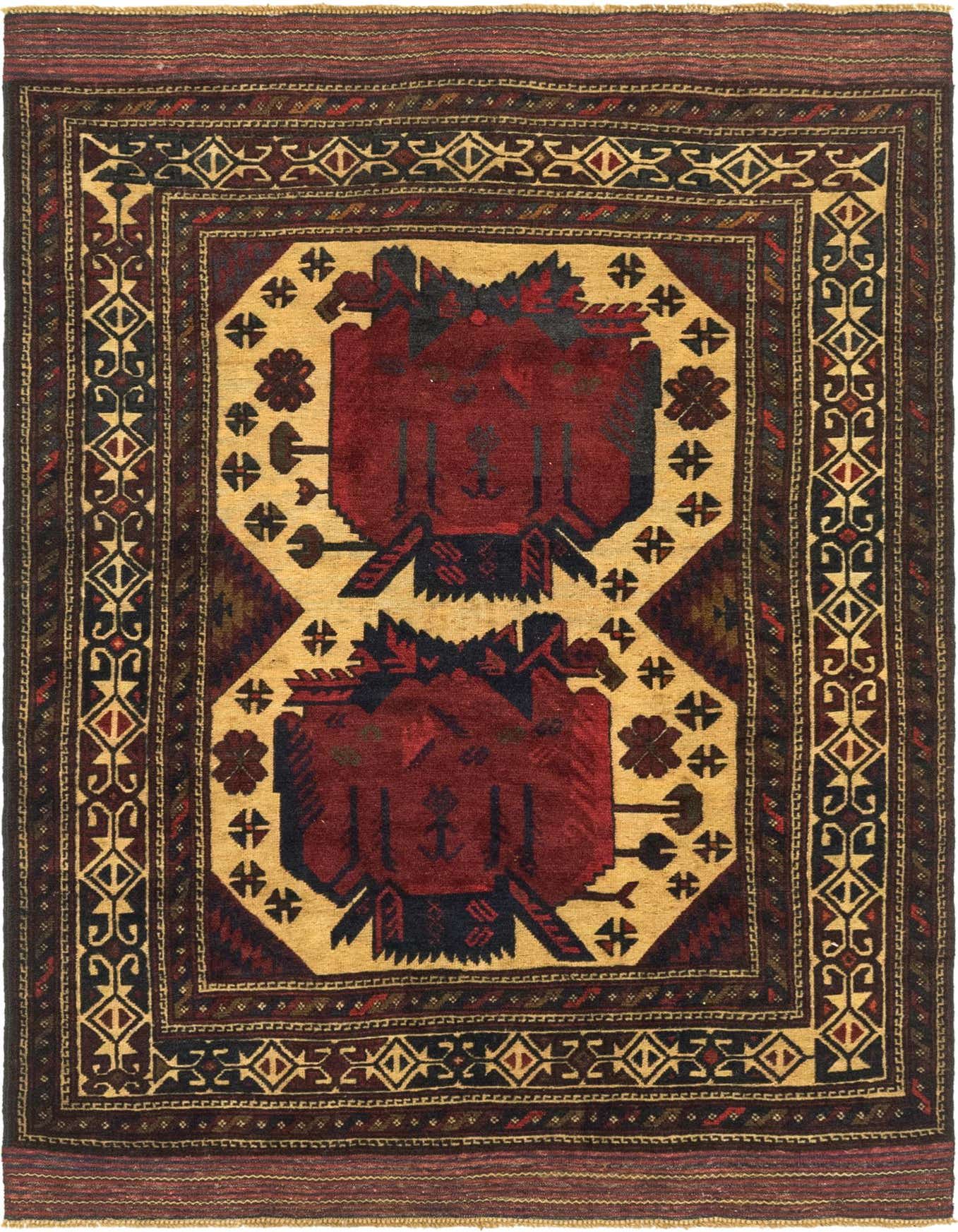 A 4x6 rectangular Sumak rug with a traditional Southwestern tribal pattern in browns, tans, and creams, featuring two large red medallion-like motifs.