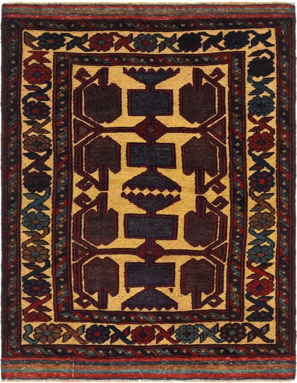 A 3x4 rectangular Sumak rug with a traditional Southwestern tribal pattern in browns, tans, and ivories, featuring a flat pile.