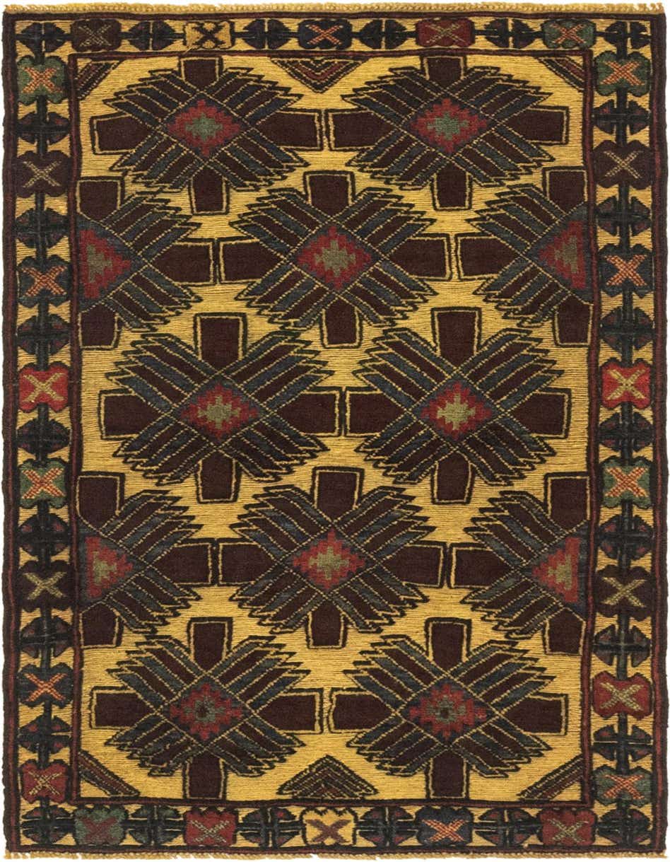 A 3x5 rectangular Sumak rug with a traditional Southwestern tribal pattern in browns, tans, and ivories.