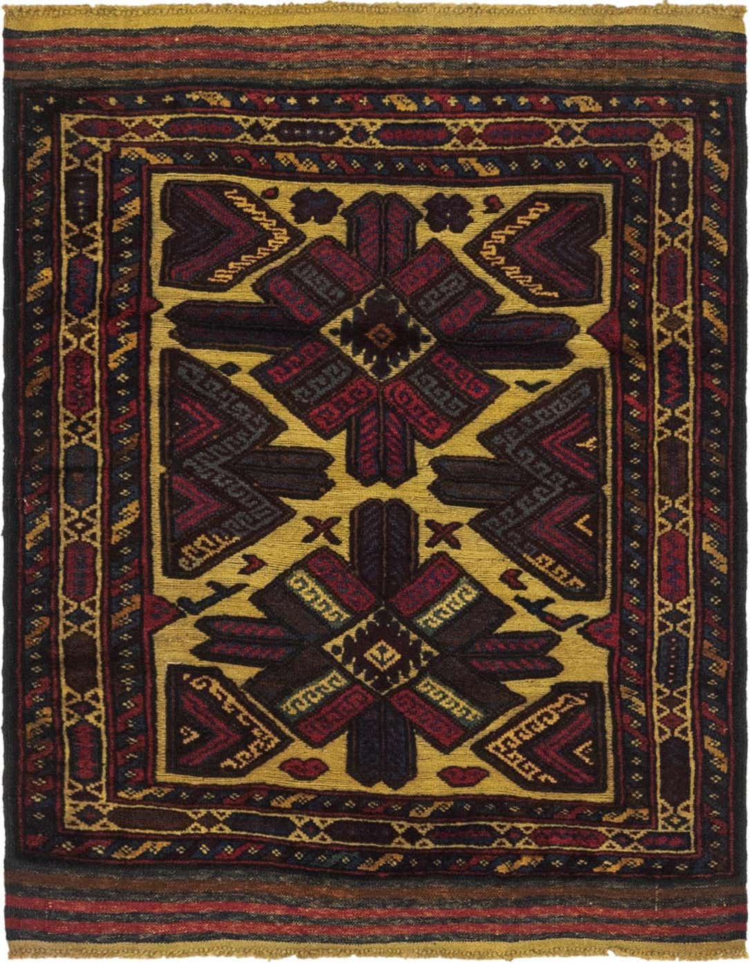 A 3x4 rectangular Sumak rug with a central medallion in dark browns, reds, and blues on a gold field, framed by a detailed border.