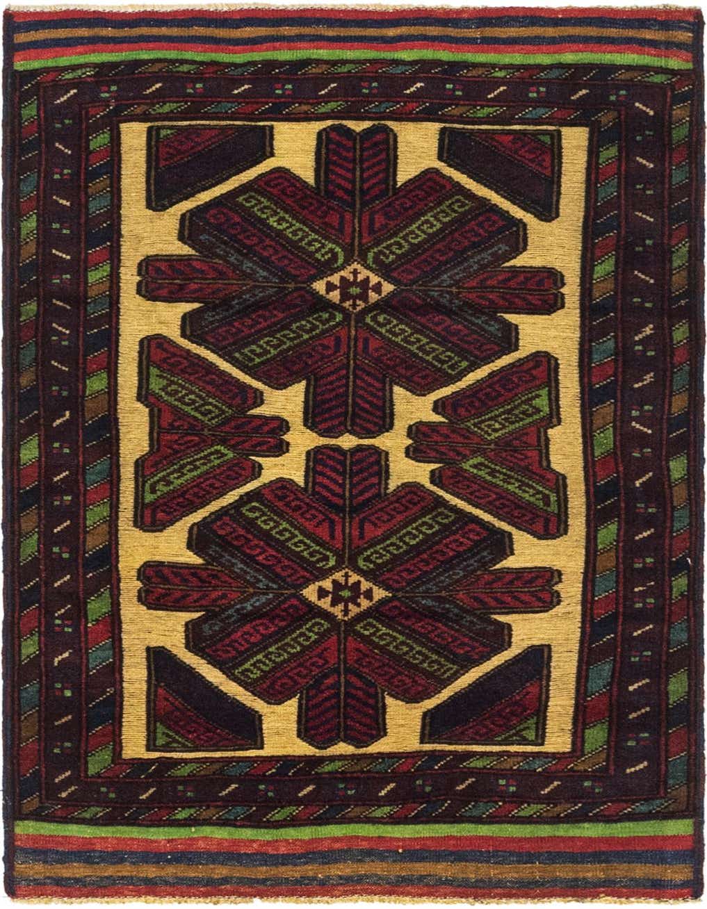 A 3x4 rectangular Sumak rug with a central medallion in red, green, and dark brown on a tan field, framed by a dark brown border with geometric patterns.