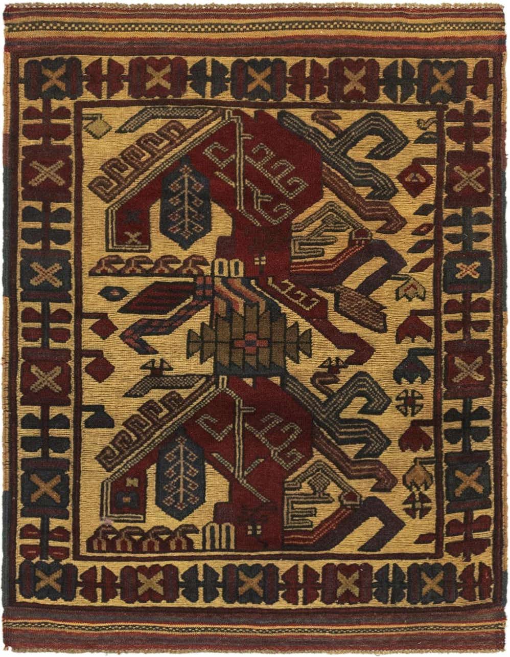 A 3x4 rectangular Sumak rug with a flat pile, featuring a traditional tribal pattern in shades of brown, tan, and ivory.