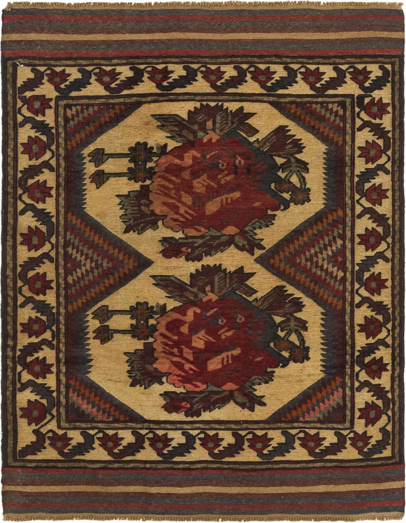 A 4x6 rectangular Sumak rug with a traditional botanical and tribal pattern in browns, tans, and creams.