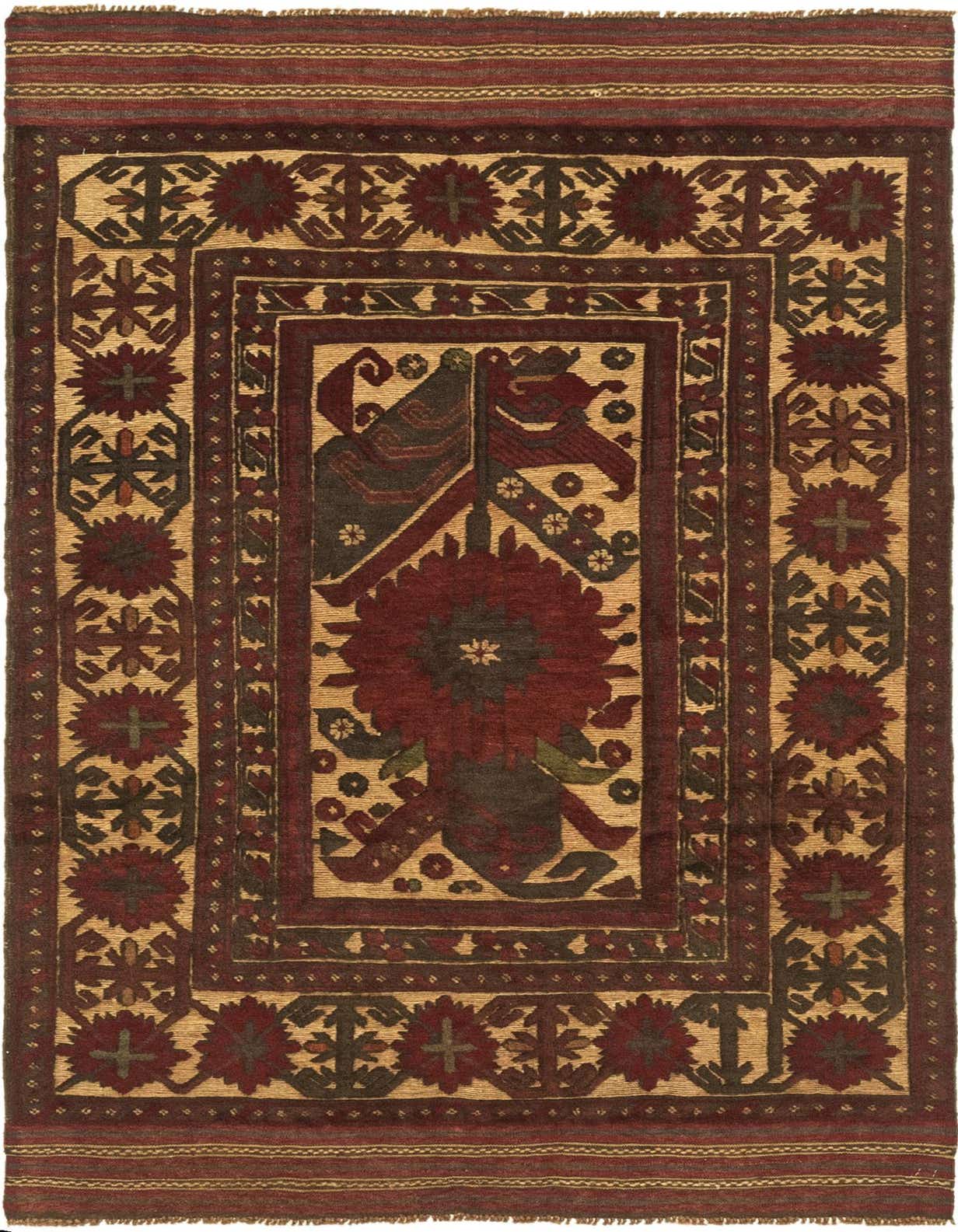 A 4x6 rectangular Sumak rug with a traditional botanical and tribal pattern in browns, tans, and creams.