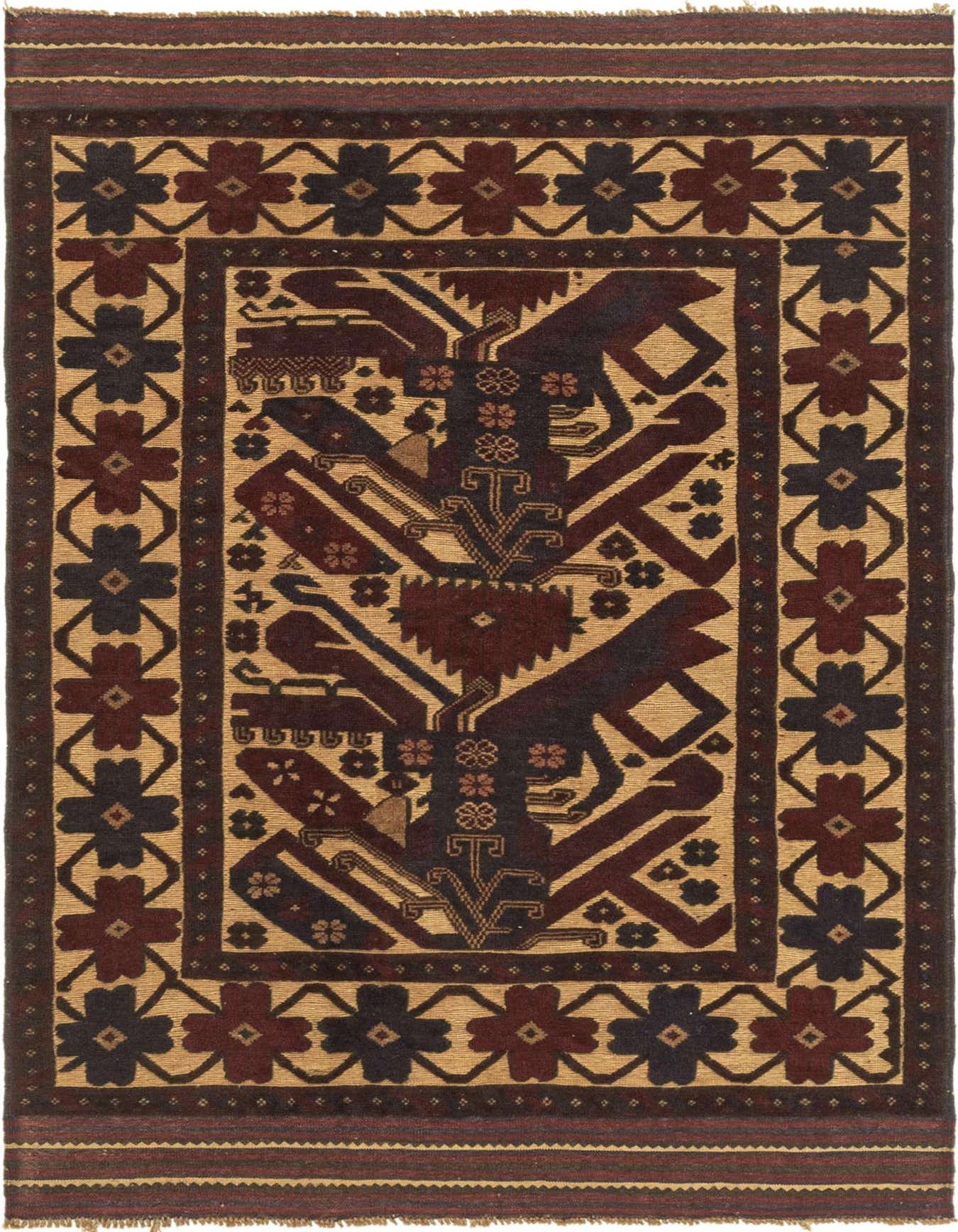 A 4x6 rectangular Sumak rug with a traditional tribal pattern in shades of brown, tan, and cream.