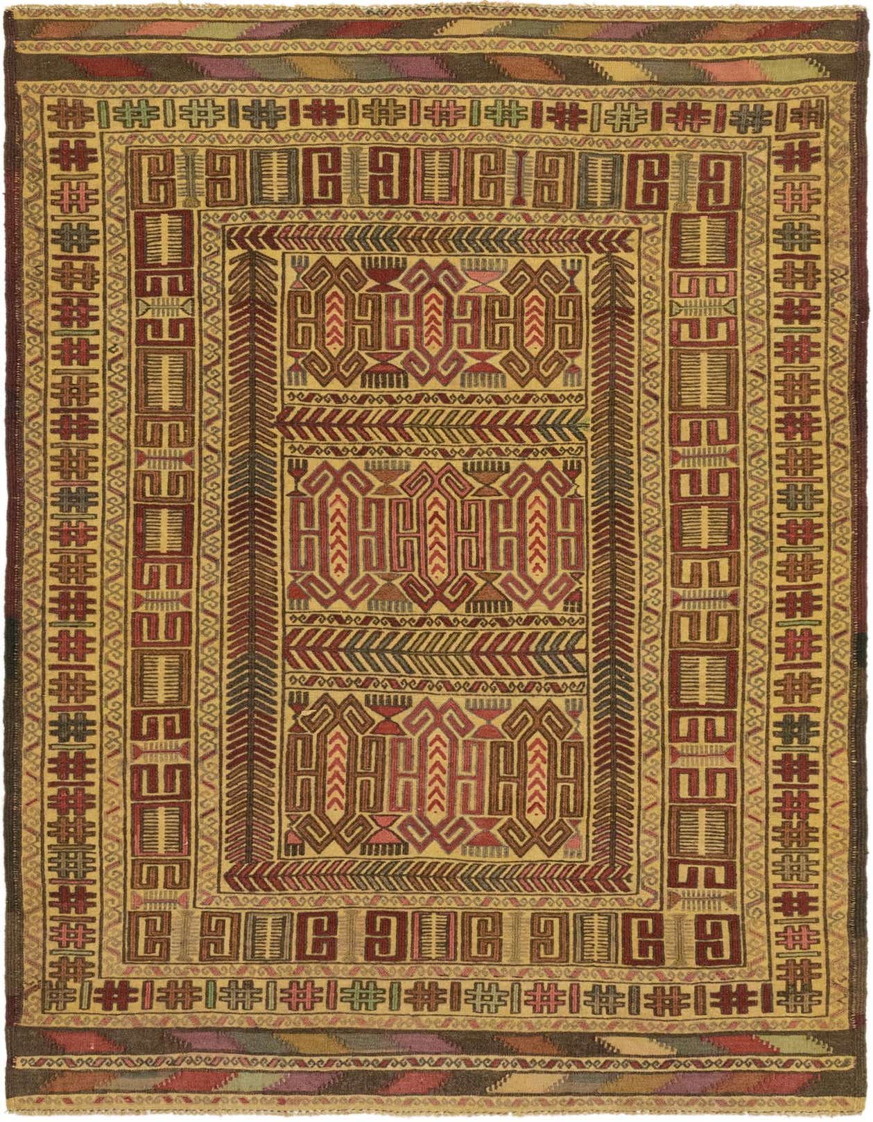 A 4x6 rectangular Sumak rug with a traditional tribal pattern in browns, tans, and creams, featuring intricate geometric motifs.