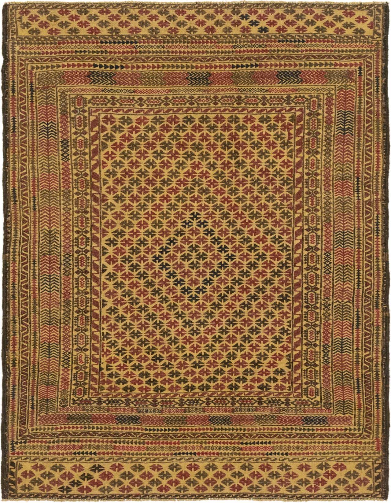 A 4x6 rectangular Sumak rug with a flat pile, featuring a traditional tribal medallion pattern in browns, tans, and creams.