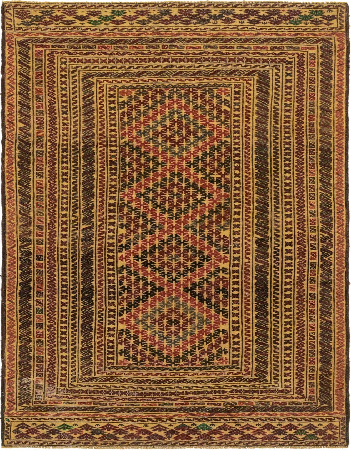 A 4x6 rectangular Sumak rug with a traditional tribal pattern in browns, tans, and ivories, featuring a flat pile.