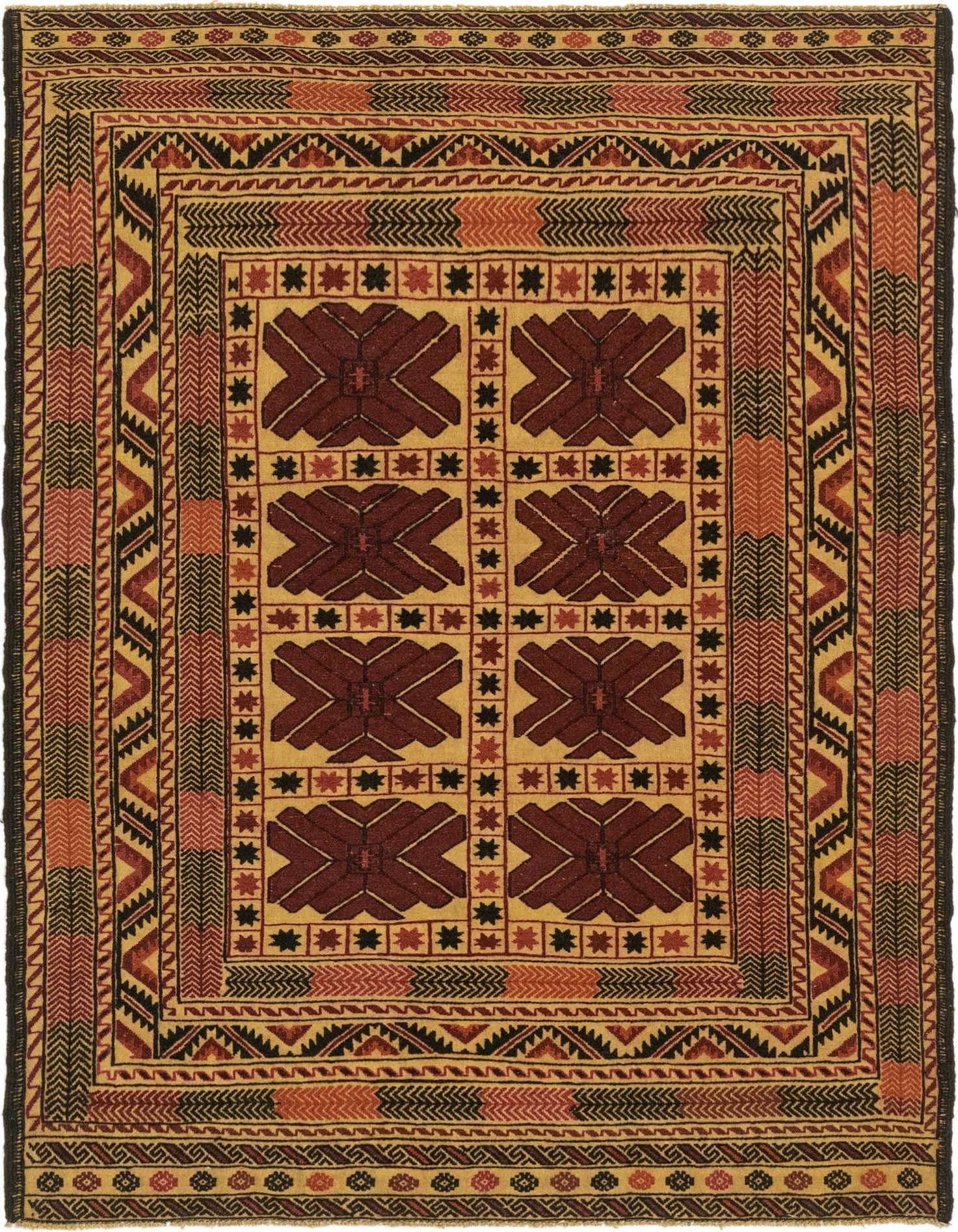 A 4x6 rectangular Sumak rug with a traditional tribal pattern in shades of brown, tan, and cream.