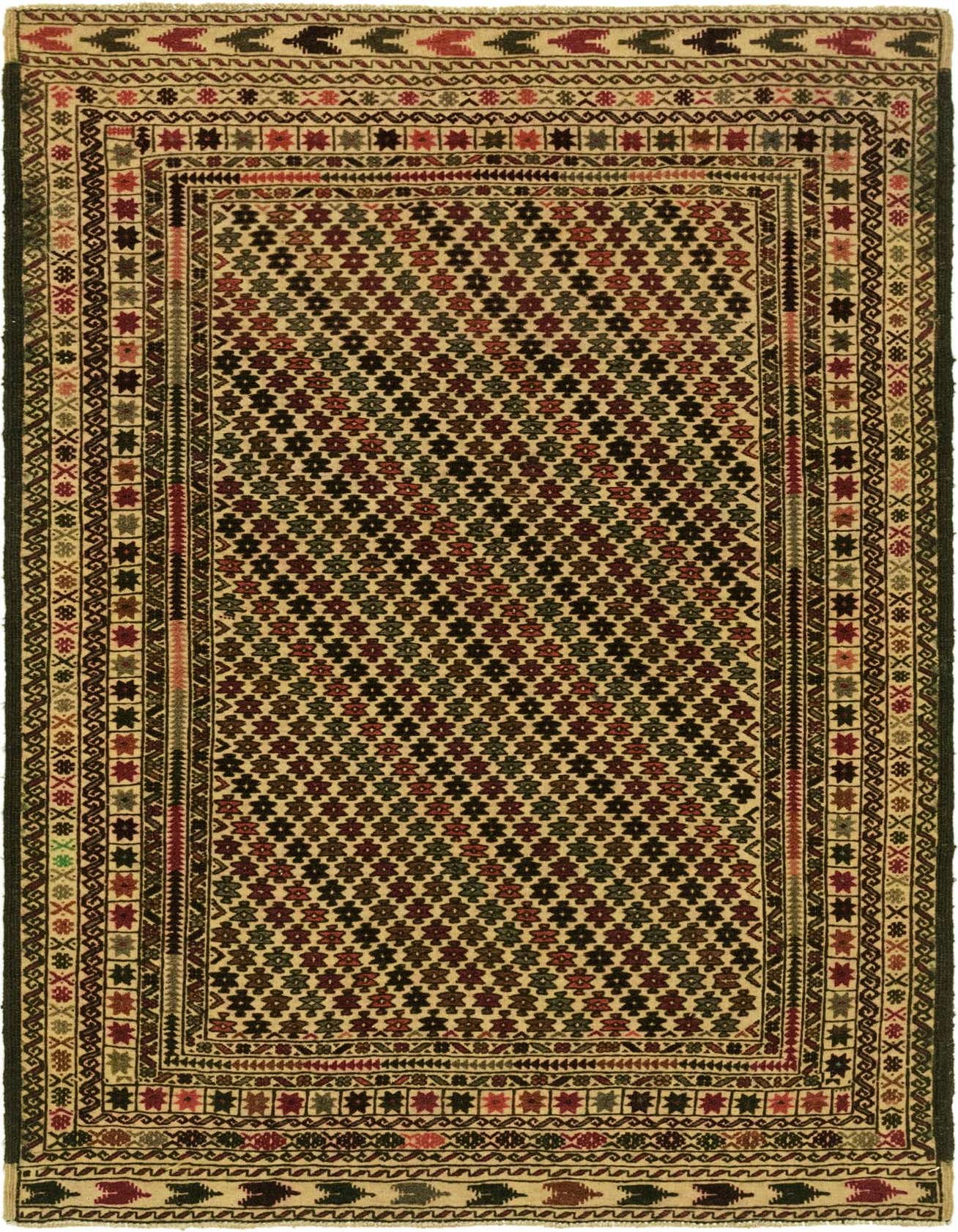 A 4x6 rectangular Sumak rug with a cream background and a traditional tribal pattern in shades of brown, red, and green.