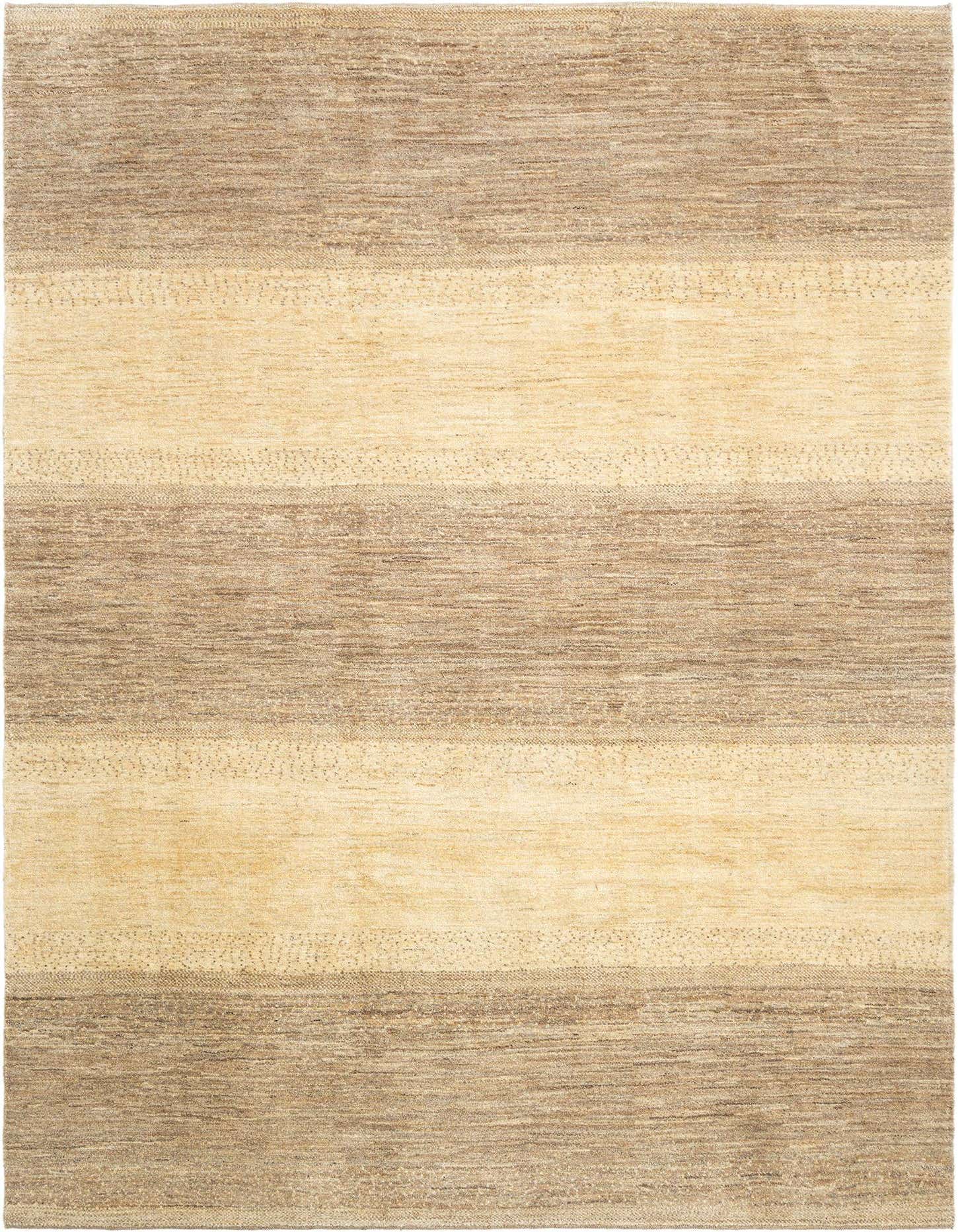 A 6x9 rectangular Tabiibaft Persian rug with alternating horizontal stripes of brown and ivory, showcasing its wool texture.