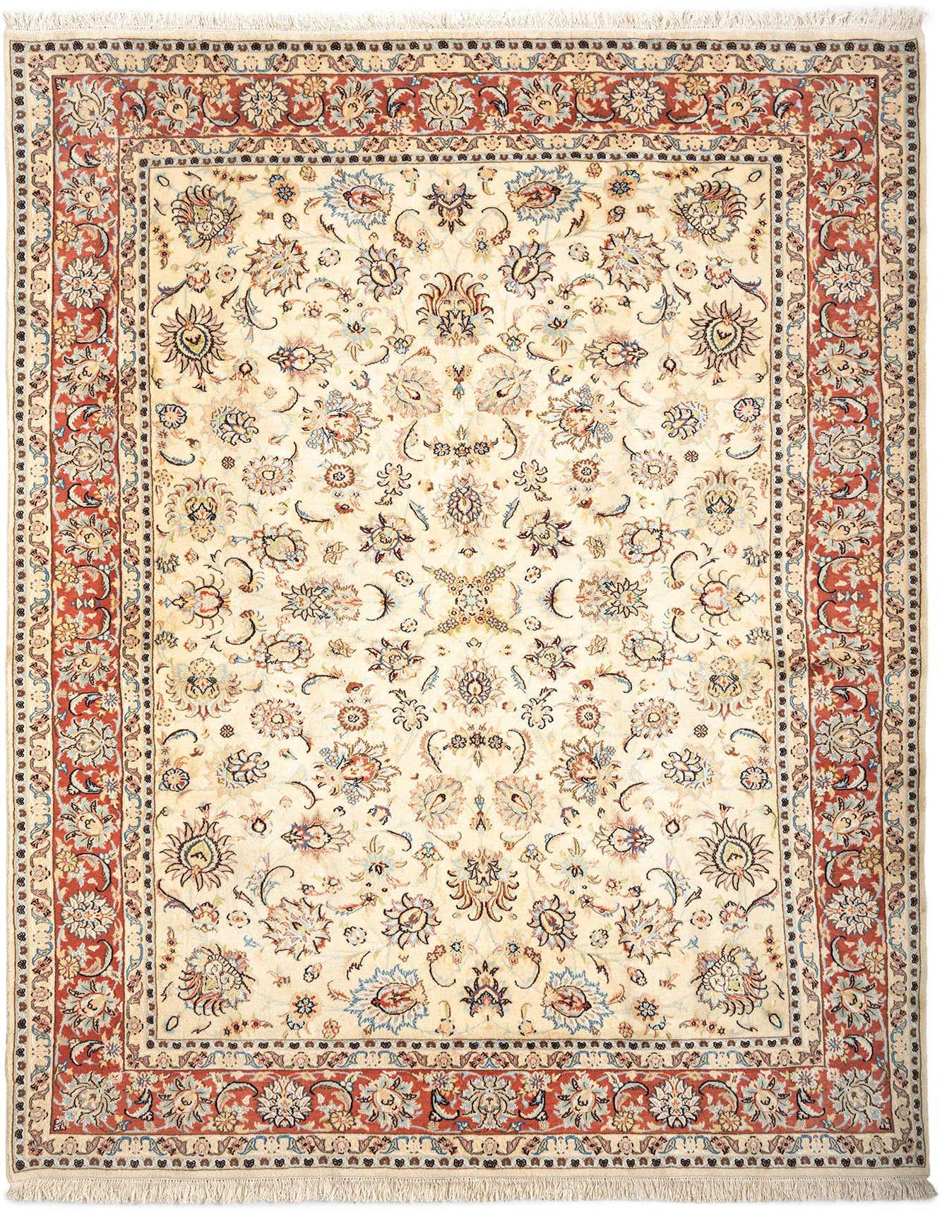 An 8x11 rectangular Persian rug featuring a cream field with intricate floral motifs and a rust-red border.