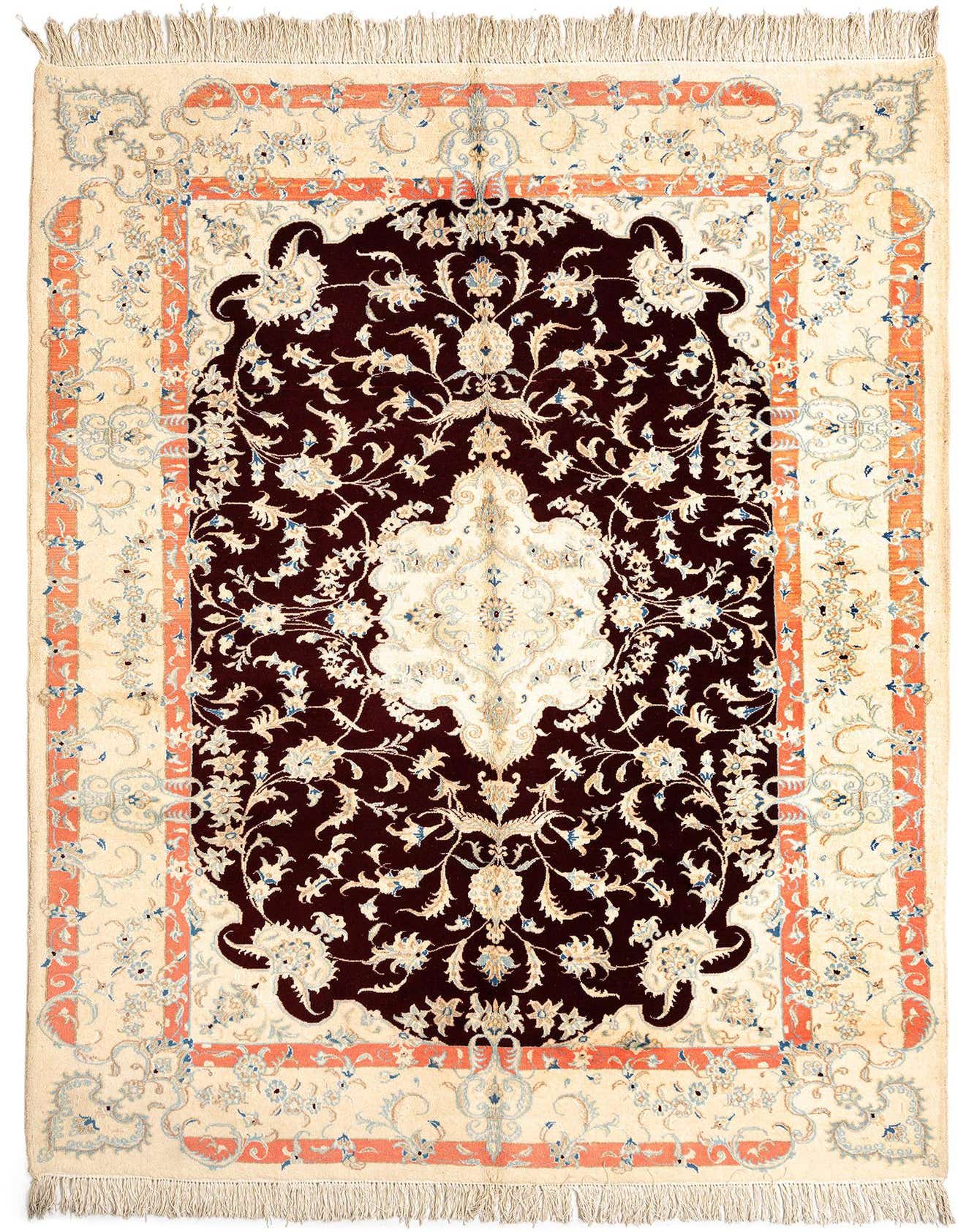 A 7x10 rectangular Persian rug featuring a dark brown ornate medallion on a cream field with coral and blue accents.
