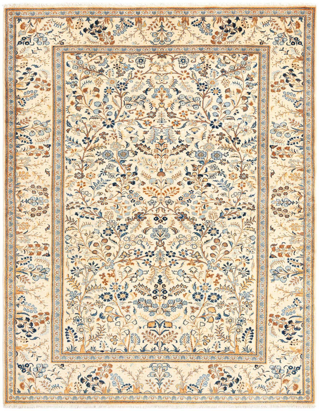 A 4x6 rectangular Persian rug with an ivory field and intricate brown and blue floral patterns, framed by a detailed border.