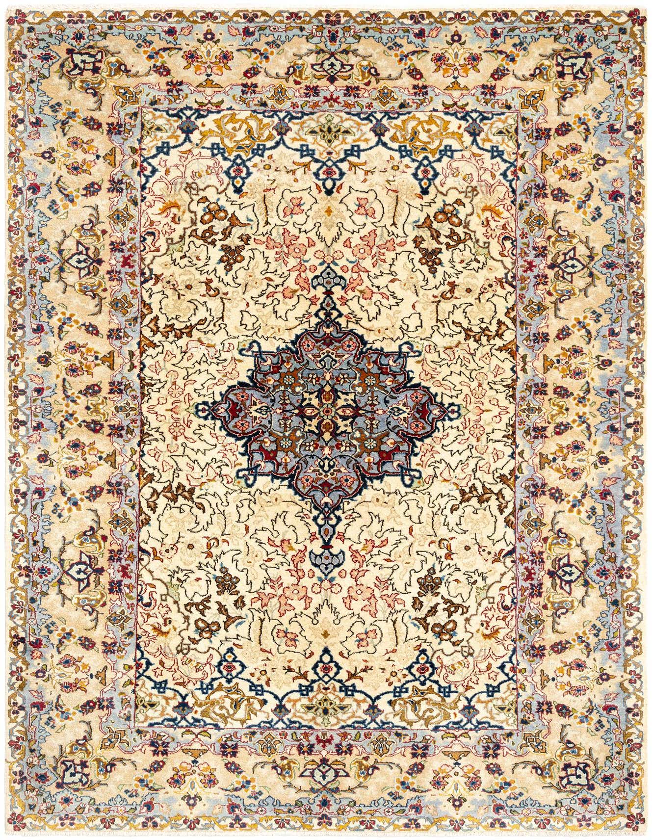 A rectangular 4x6 Persian Tabriz rug with an ivory and cream background, featuring intricate floral and medallion patterns in shades of brown, tan, blue, and red.