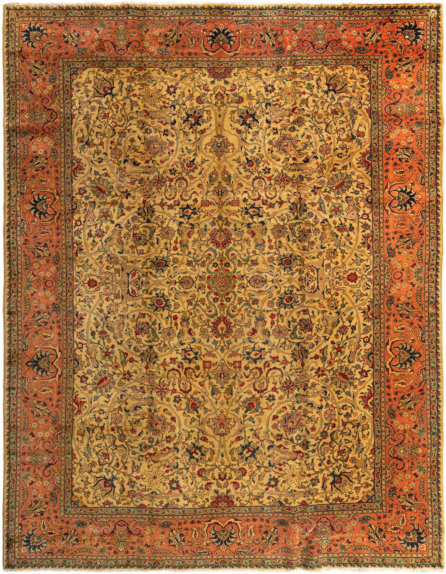 A 9x12 rectangular Persian Tabriz rug with a cream and tan field, intricate floral patterns, and a rust-orange border.