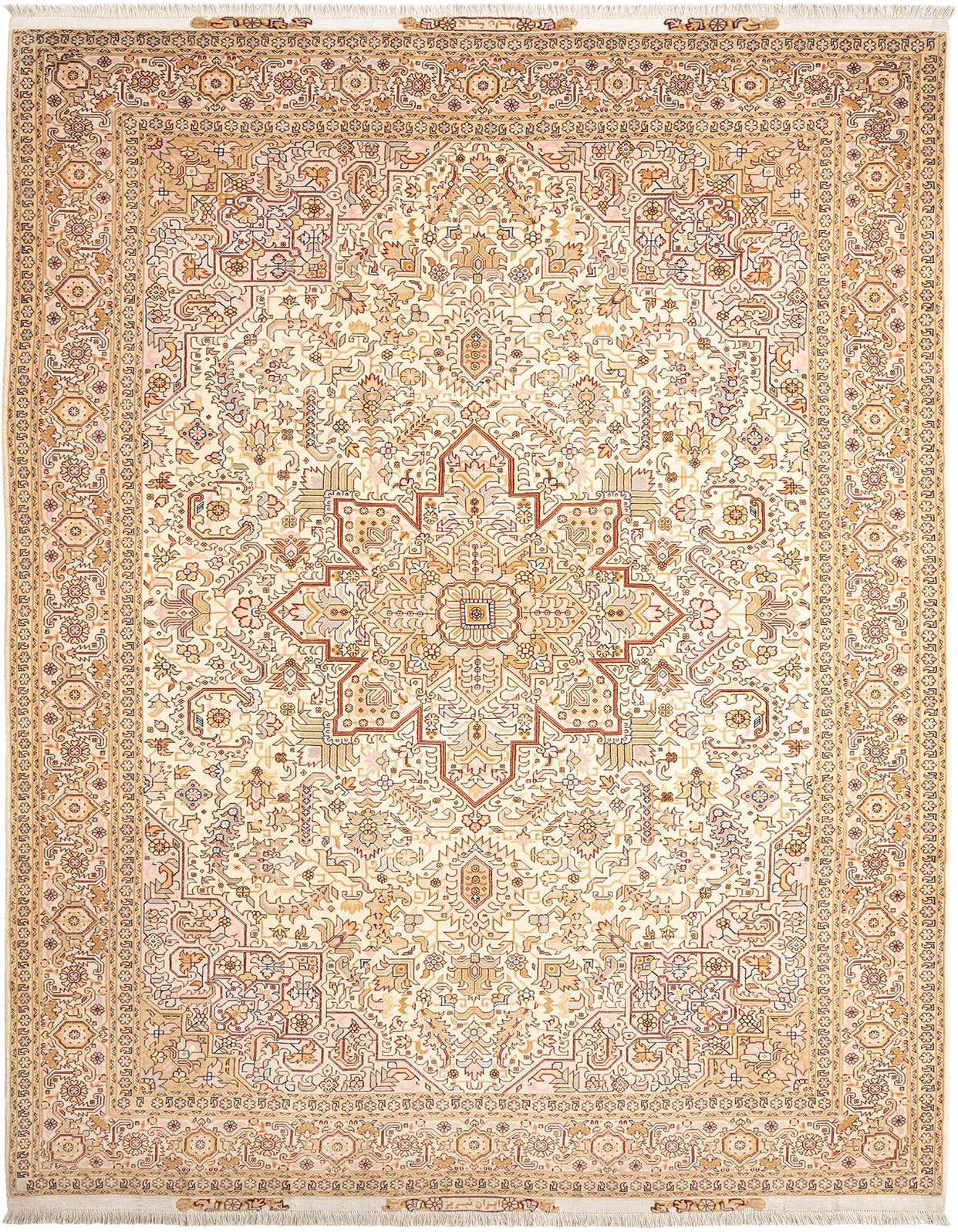 A 7x10 rectangular Persian rug in shades of brown, tan, and cream, featuring an intricate floral medallion pattern.