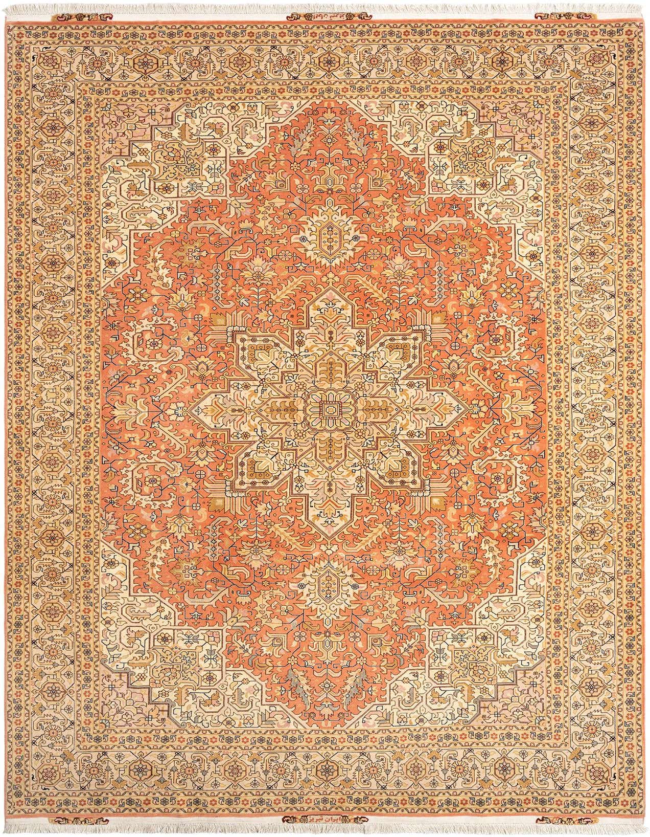 A 7x10 rectangular Tabriz Persian rug with a central medallion in warm browns, tans, and creams, surrounded by intricate floral patterns.
