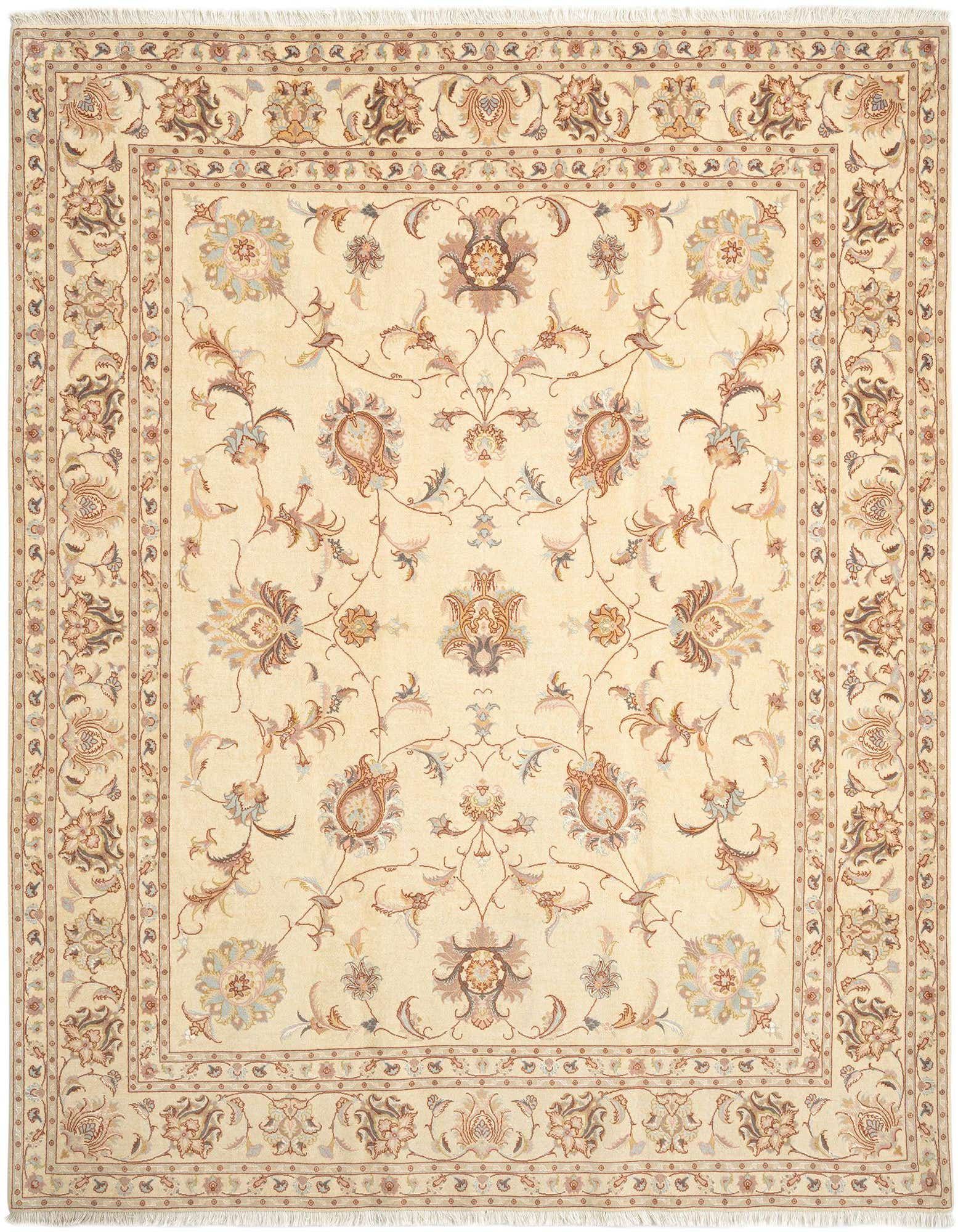 A 6x9 rectangular Persian rug with a cream field, intricate floral patterns in brown, tan, and light blue, and a detailed border.