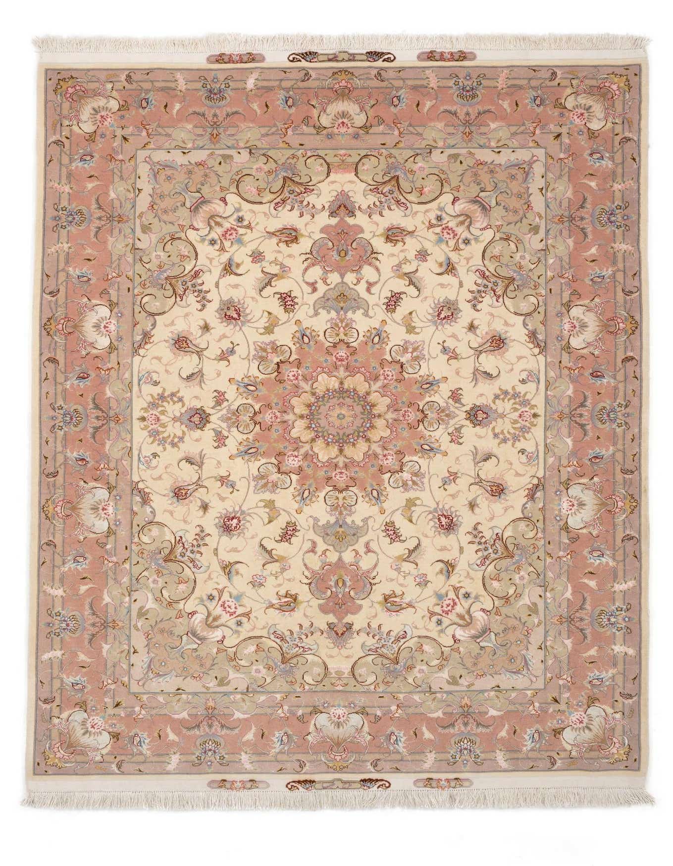 A 4x6 rectangular Tabriz Persian rug with a cream field, a central medallion, and an ornate floral border in shades of brown, tan, and ivory.