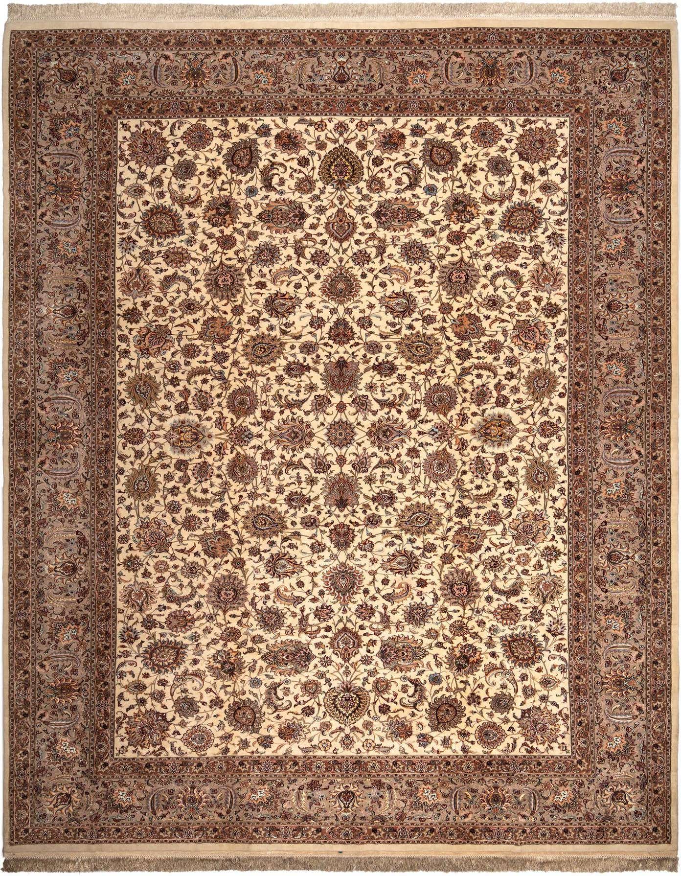 A 12x16 rectangular Persian wool rug featuring an ivory field with intricate brown and tan floral motifs, bordered by a detailed brown design, suitable for a living room.