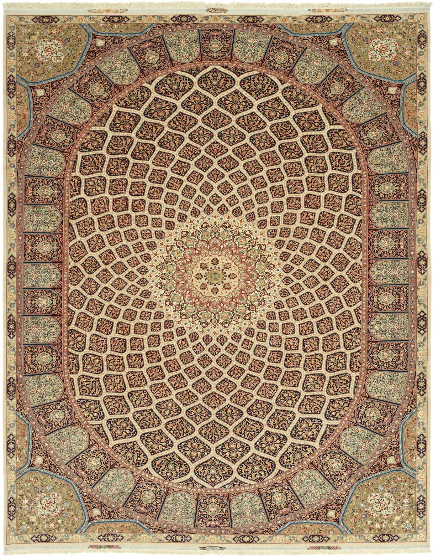 A rectangular Tabriz Palace rug featuring a central medallion and intricate floral patterns in browns, tans, ivories, and creams.