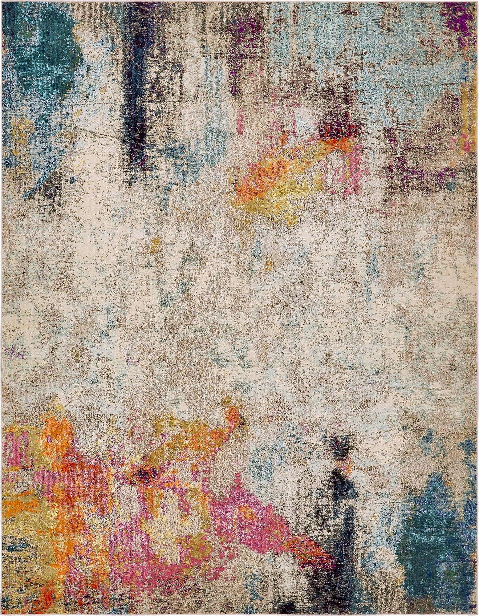A rectangular 8x10 abstract rug with a cream and brown base, featuring vibrant splashes of teal, orange, pink, and purple.
